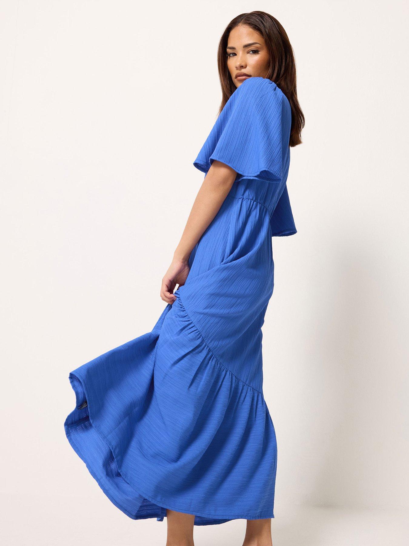Image 3 of 5 of PixieGirl Petite Textured Asymmetrical Midi Dress - Blue