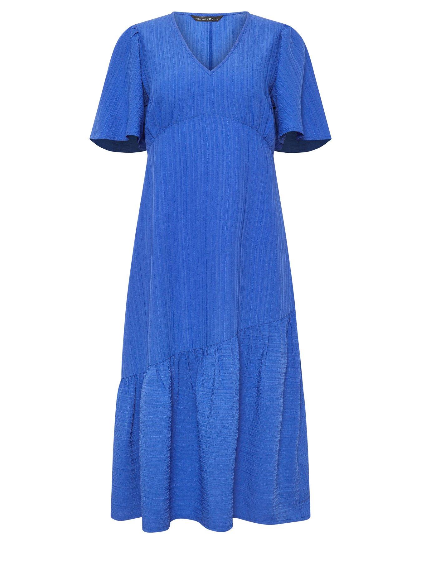 Image 5 of 5 of PixieGirl Petite Textured Asymmetrical Midi Dress - Blue