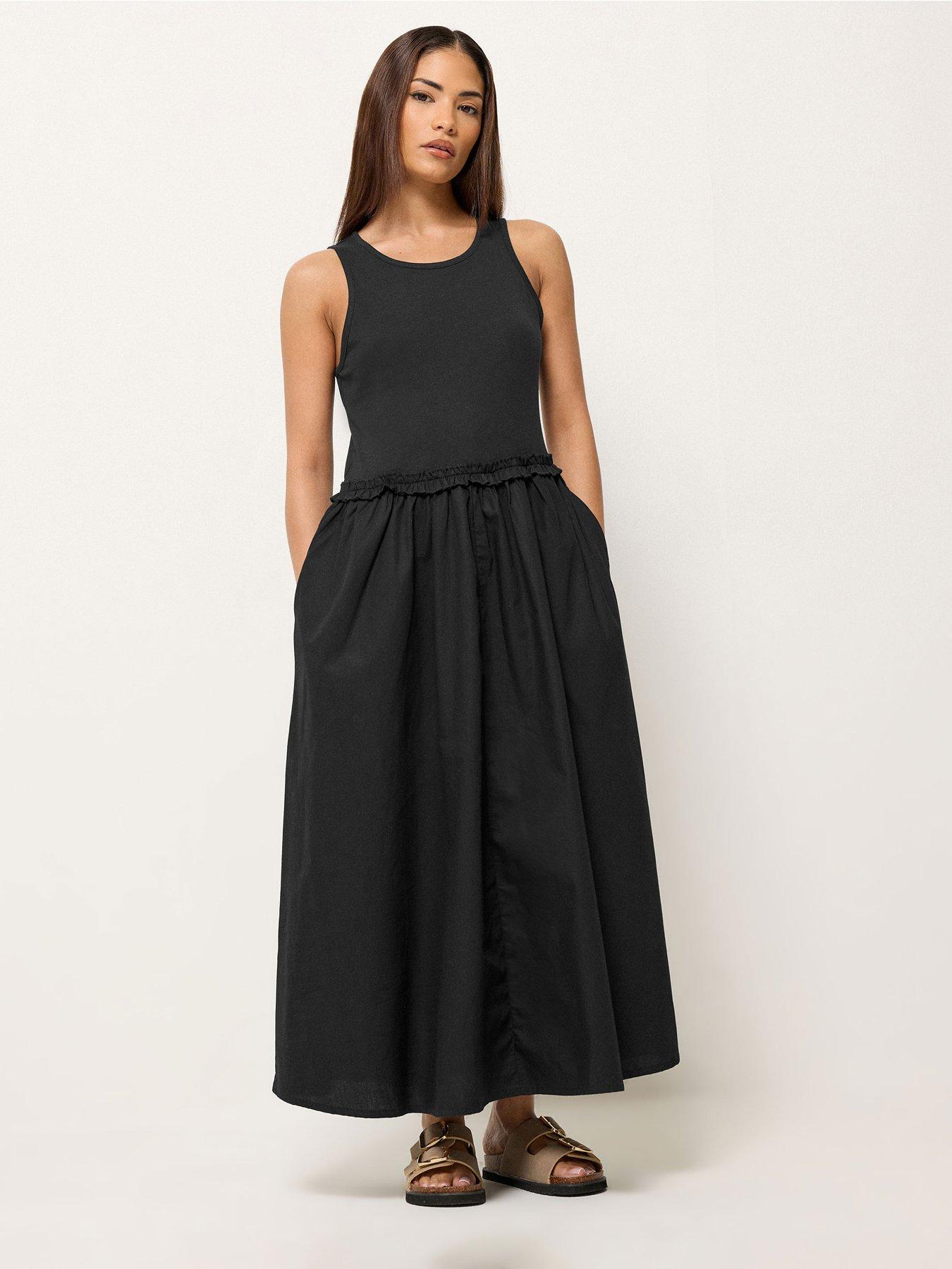 PixieGirl Petite Sleeveless Mixed Ruffle Seam Dress - Black