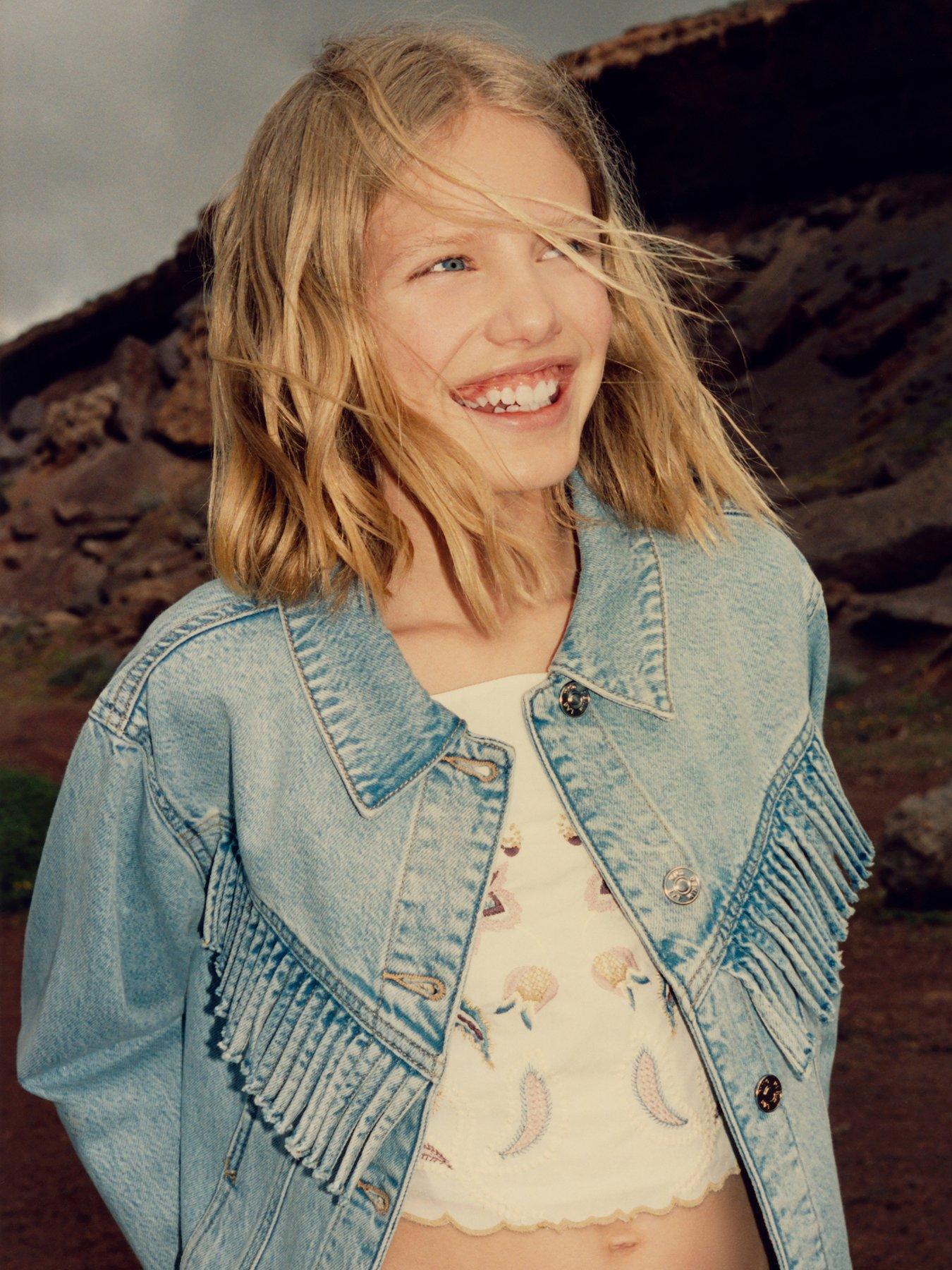 Mango Girls Fringed Denim Jacket, Blue, Size 13-14 Years