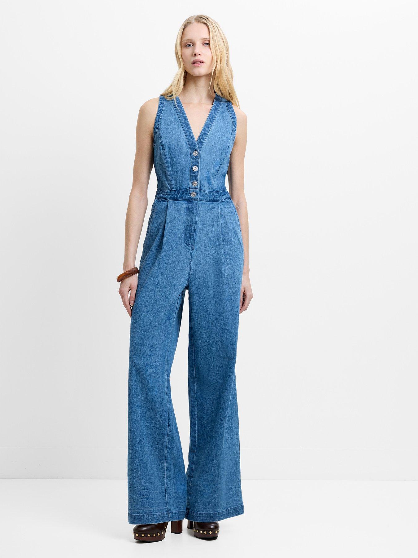 Image 1 of 4 of French Connection Cotton Denim V-Neck Wide Leg Jumpsuit - Blue