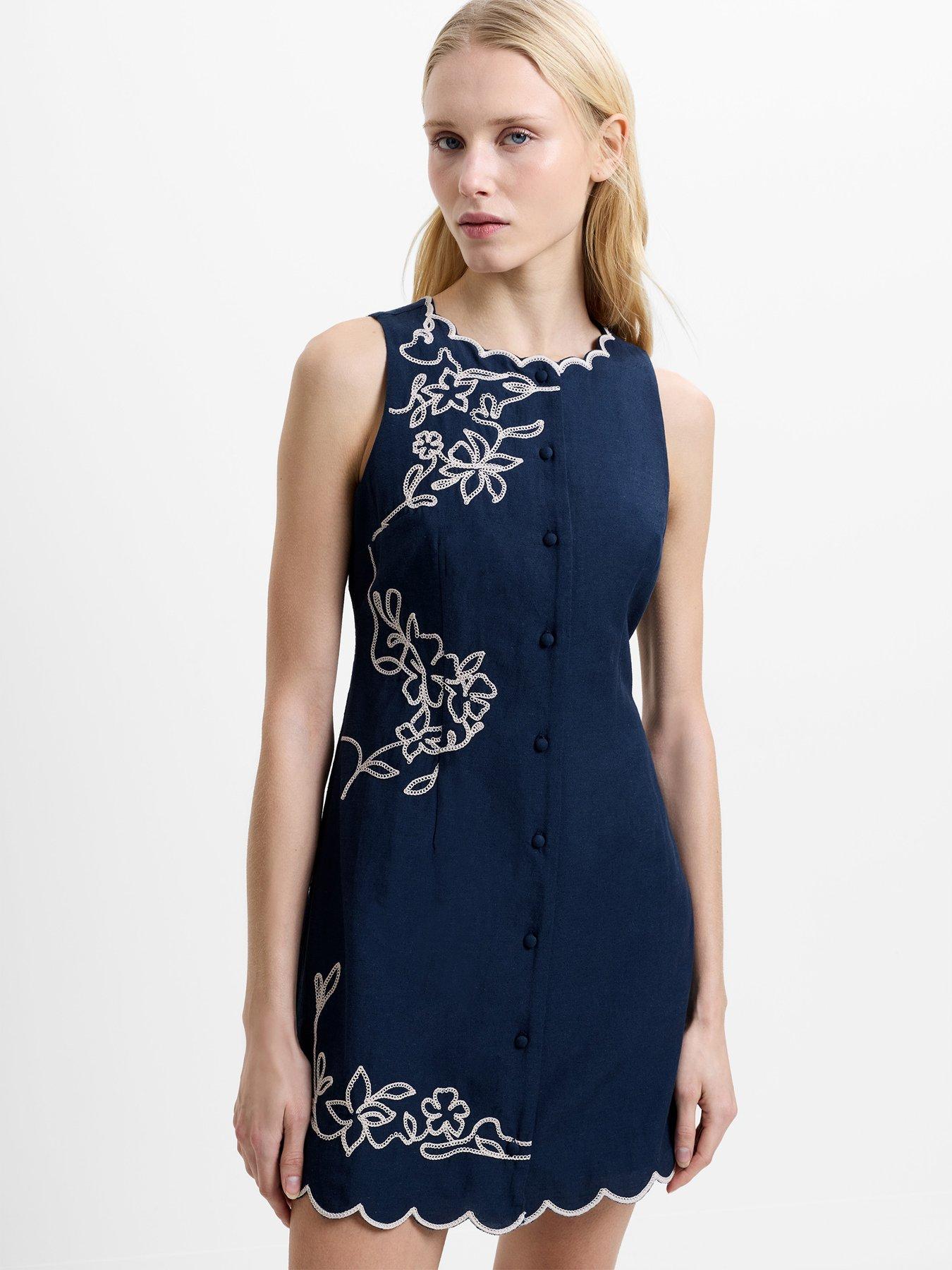 French Connection Calissa Floral Embroidered Mini Dress - Navy