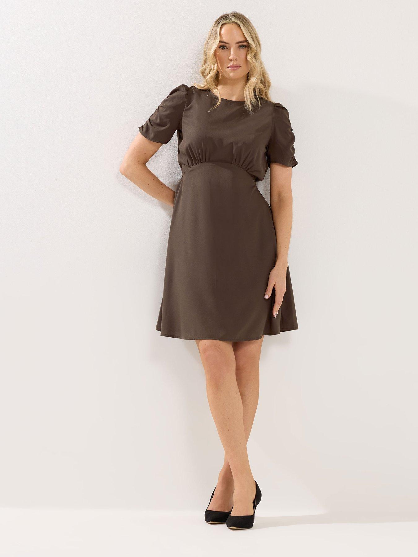 Long Tall Sally Ruched Sleeve Mini Dress - Brown