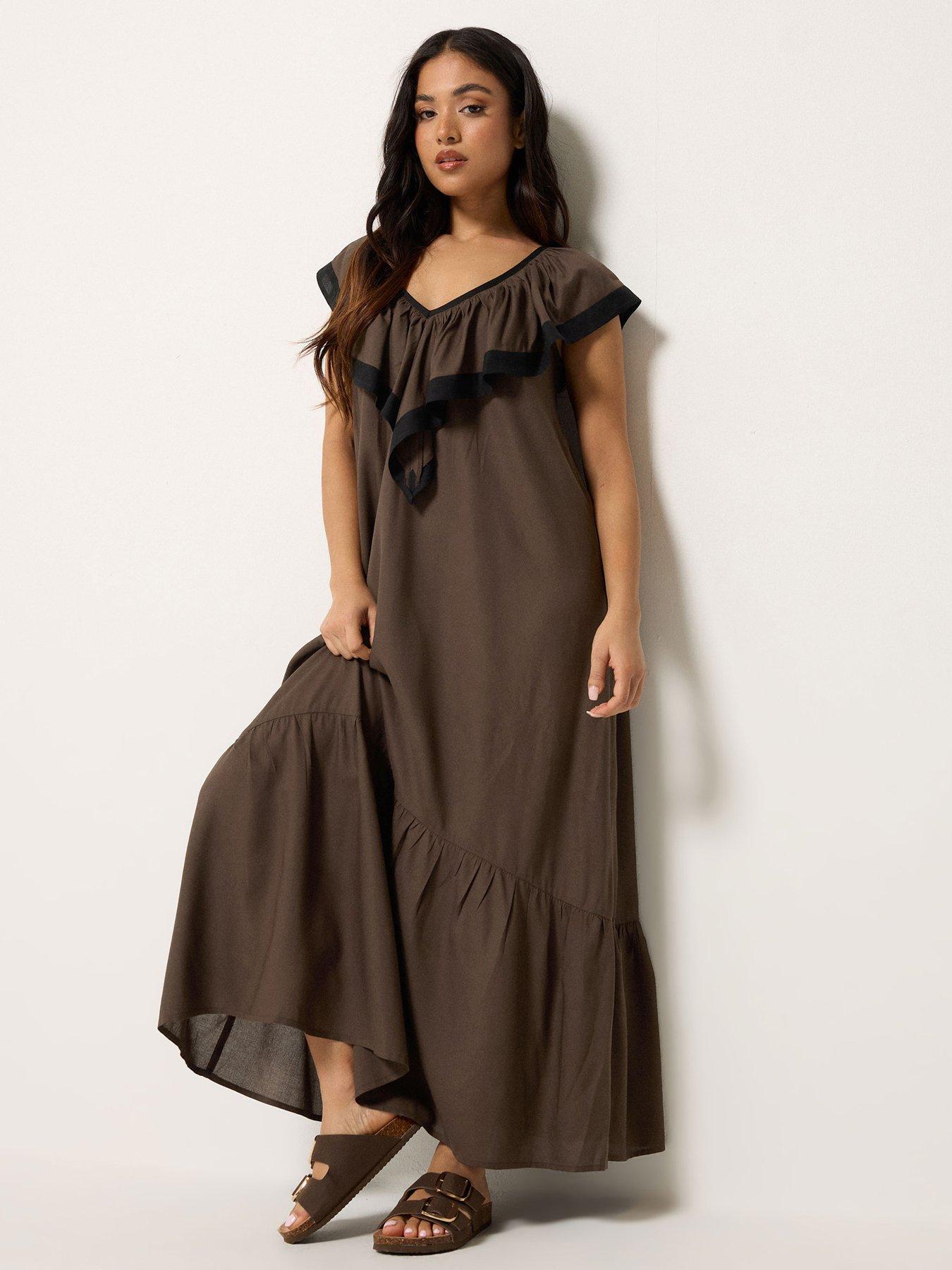 PixieGirl Petite Contrast Frill Maxi Dress - Brown