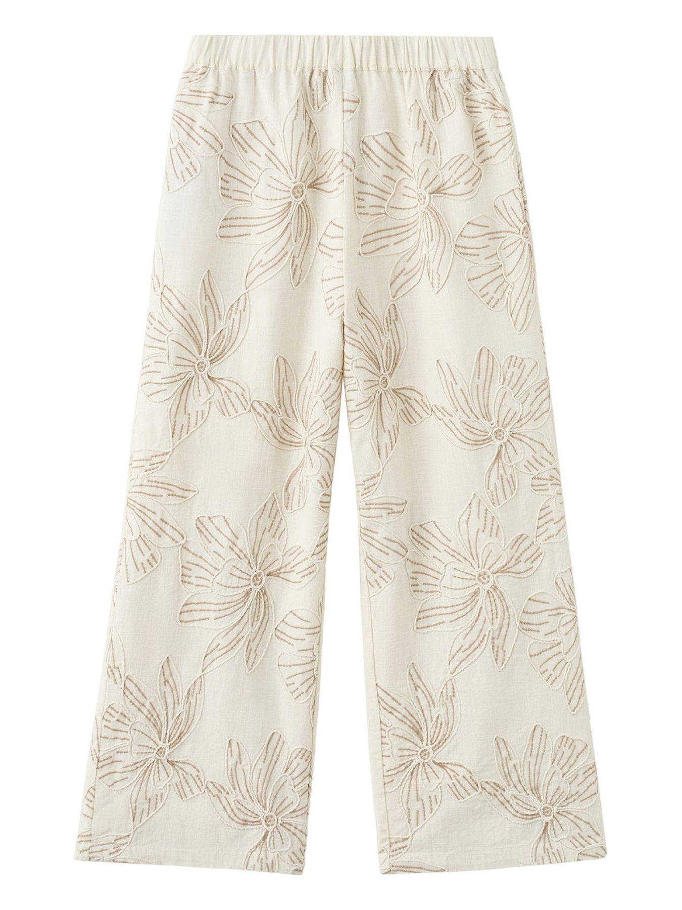 Mango Girls Flower Embroidered Co-Ord Trousers, Beige, Size Age: 13-14 Years