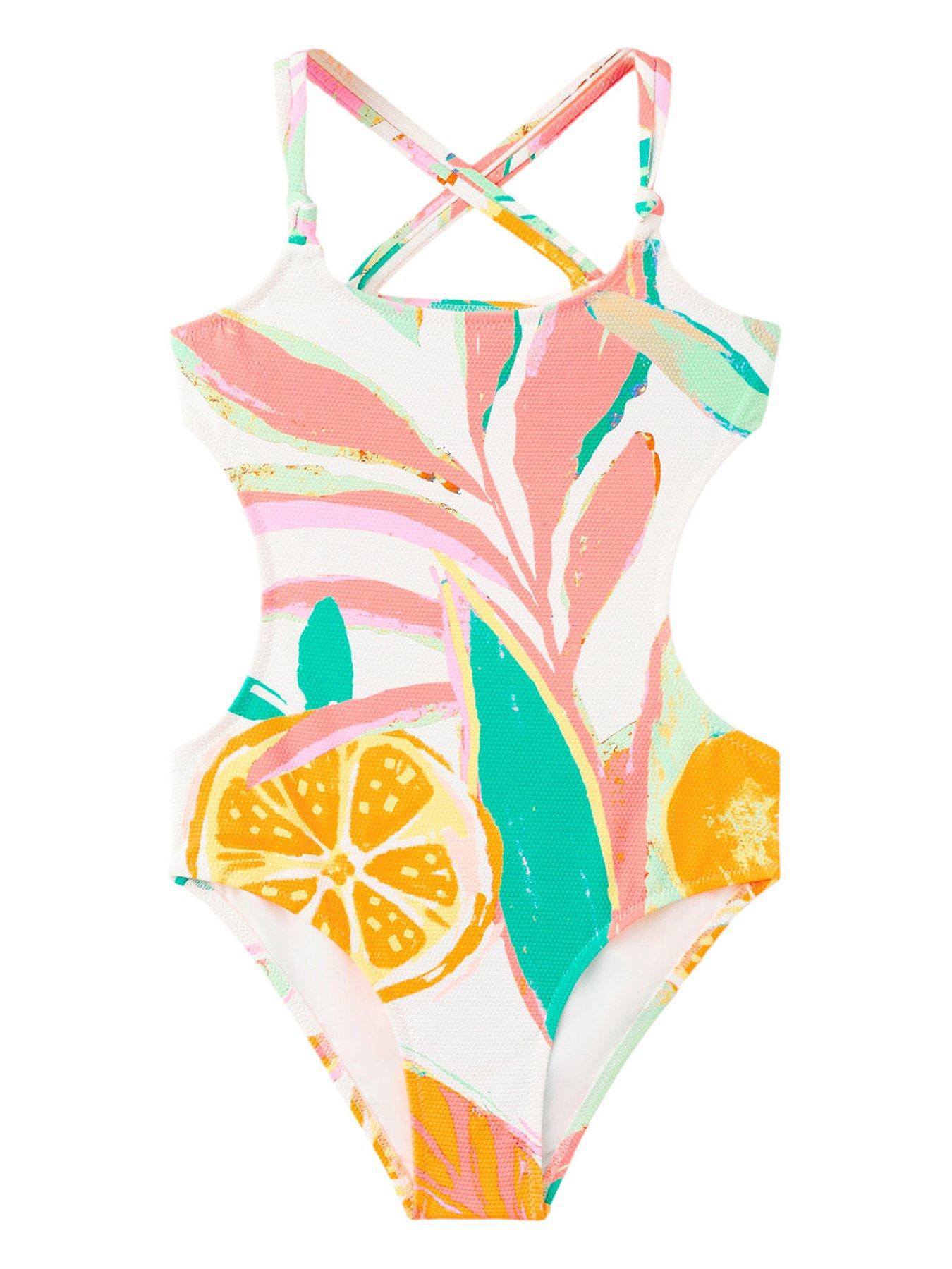 Mango Girls Cut Out Orange Swimsuit - White
