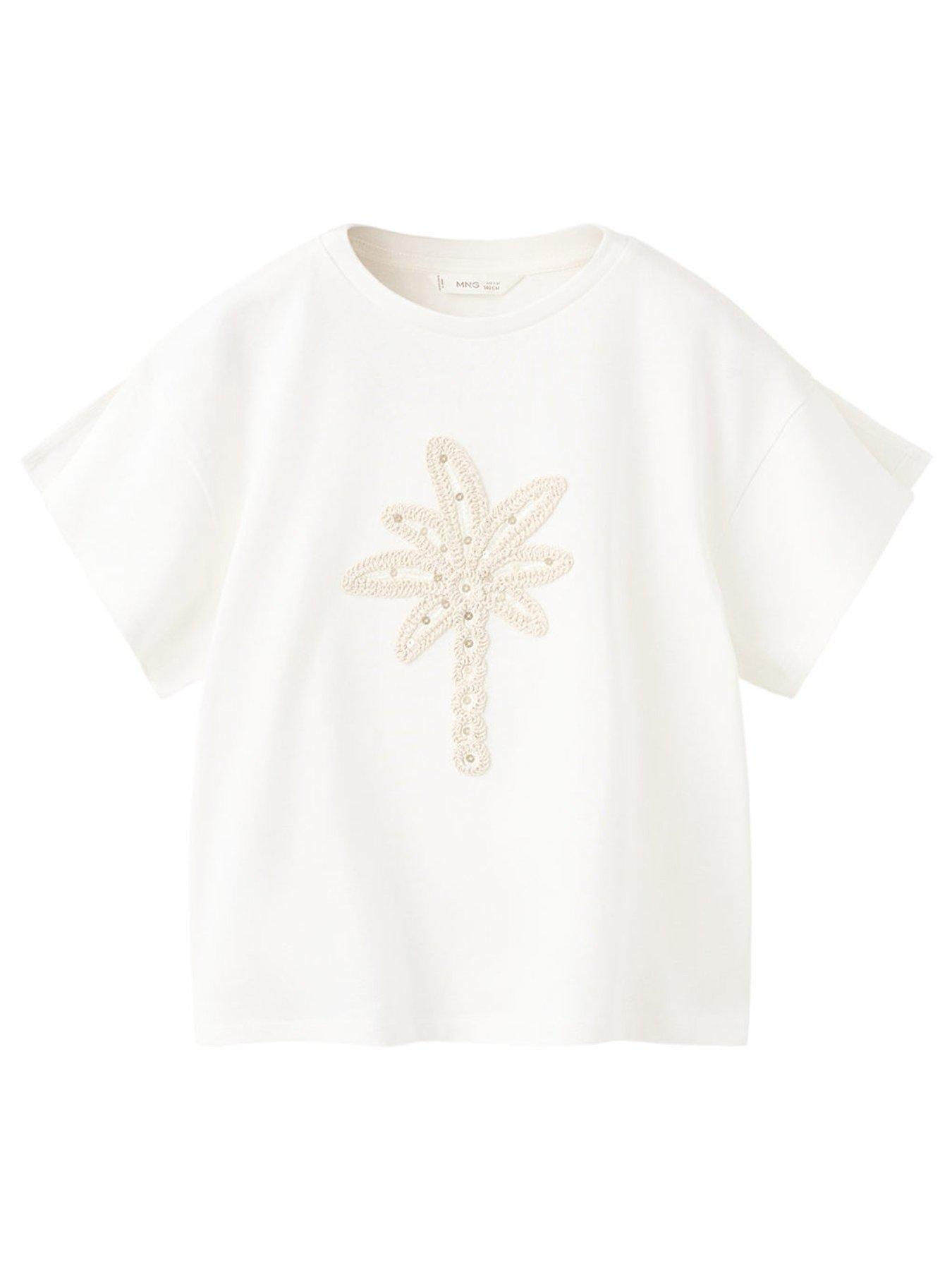 Mango Girls Embroidered Palm Tree Short Sleeve Tshirt - Light Cream