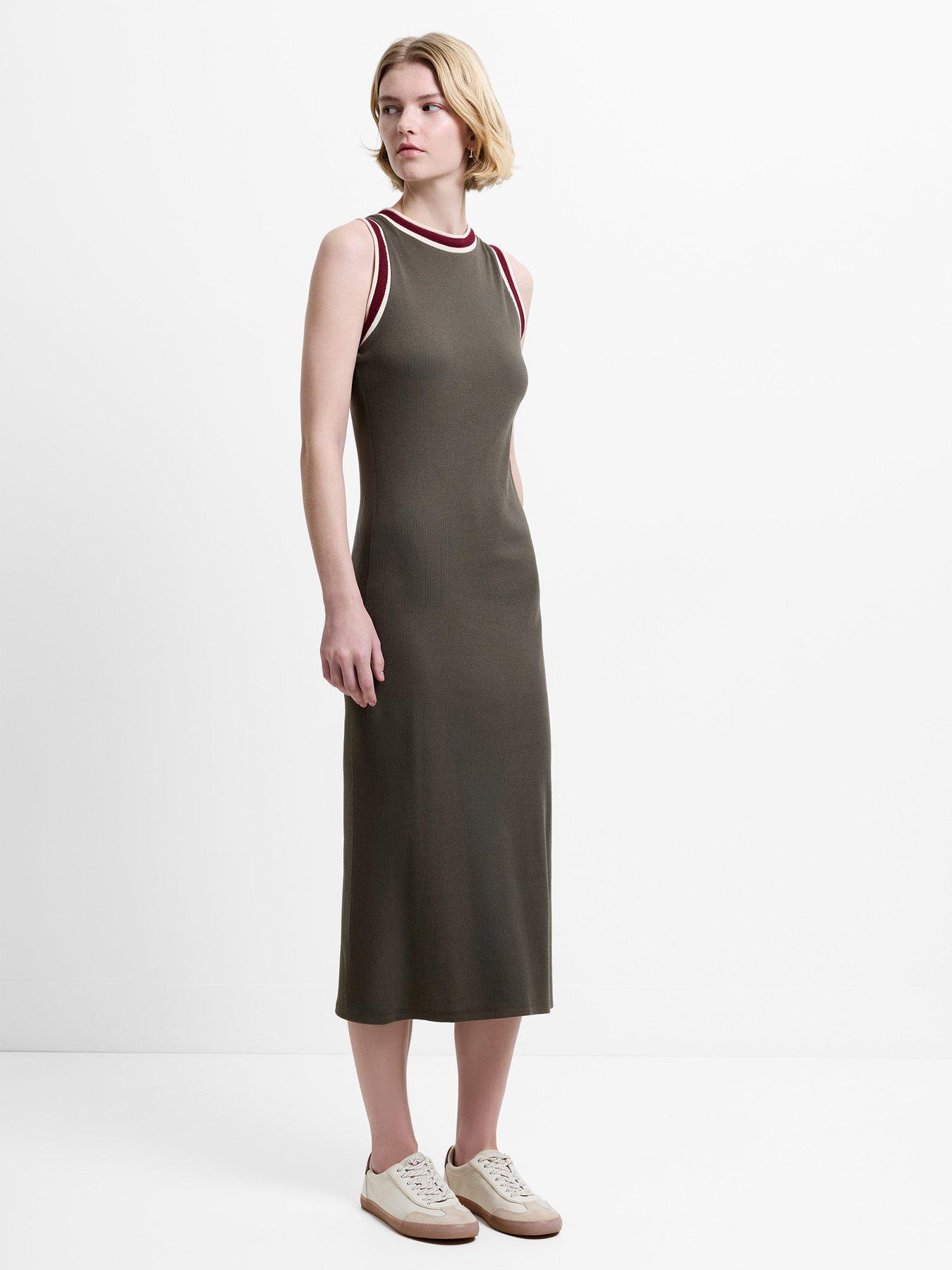French Connection Cotton Blend Jersey Contrast Trims Sleeveless Midi Dress