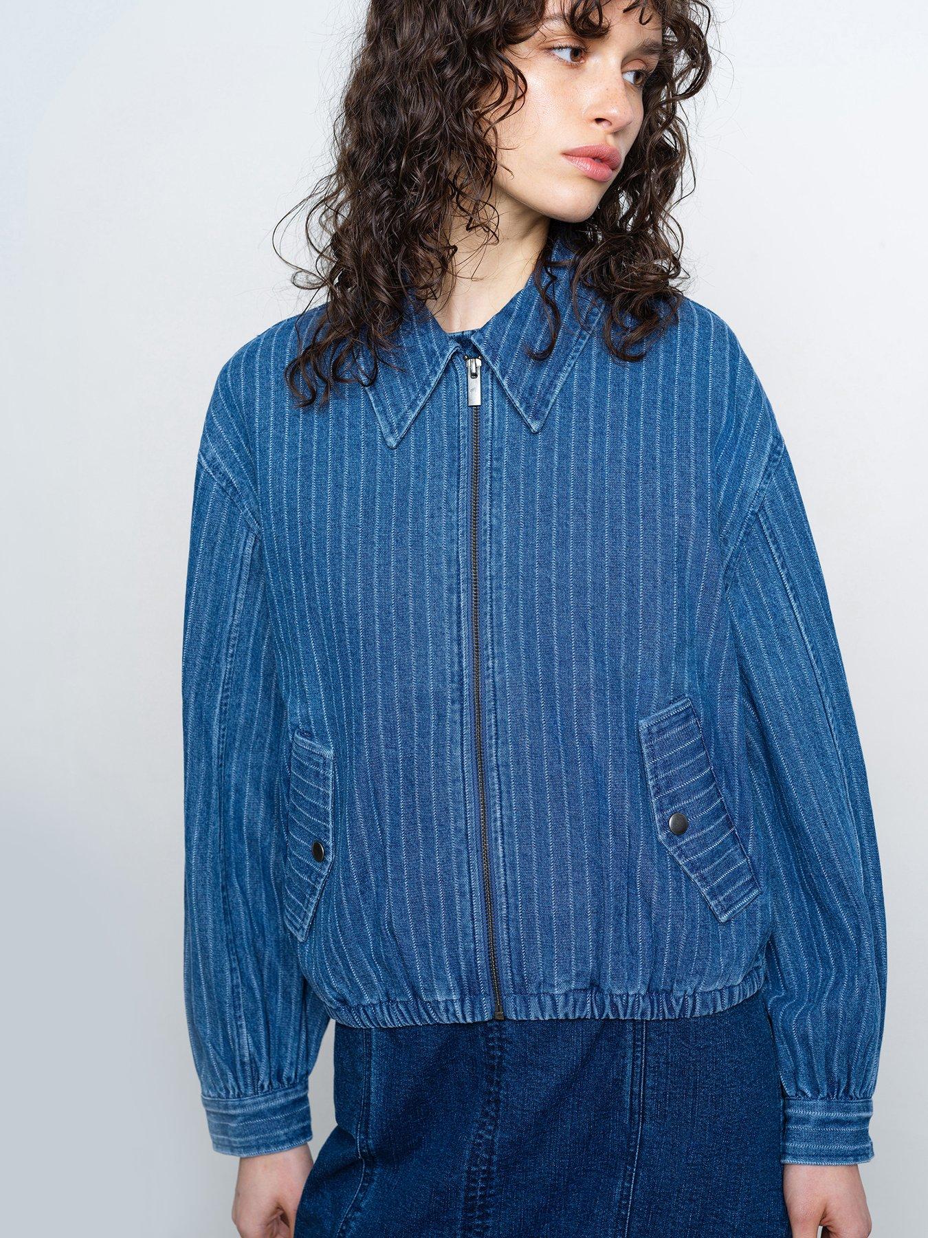 Image 1 of 5 of French Connection Cotton Pinstripe Denim Bomber Jacket