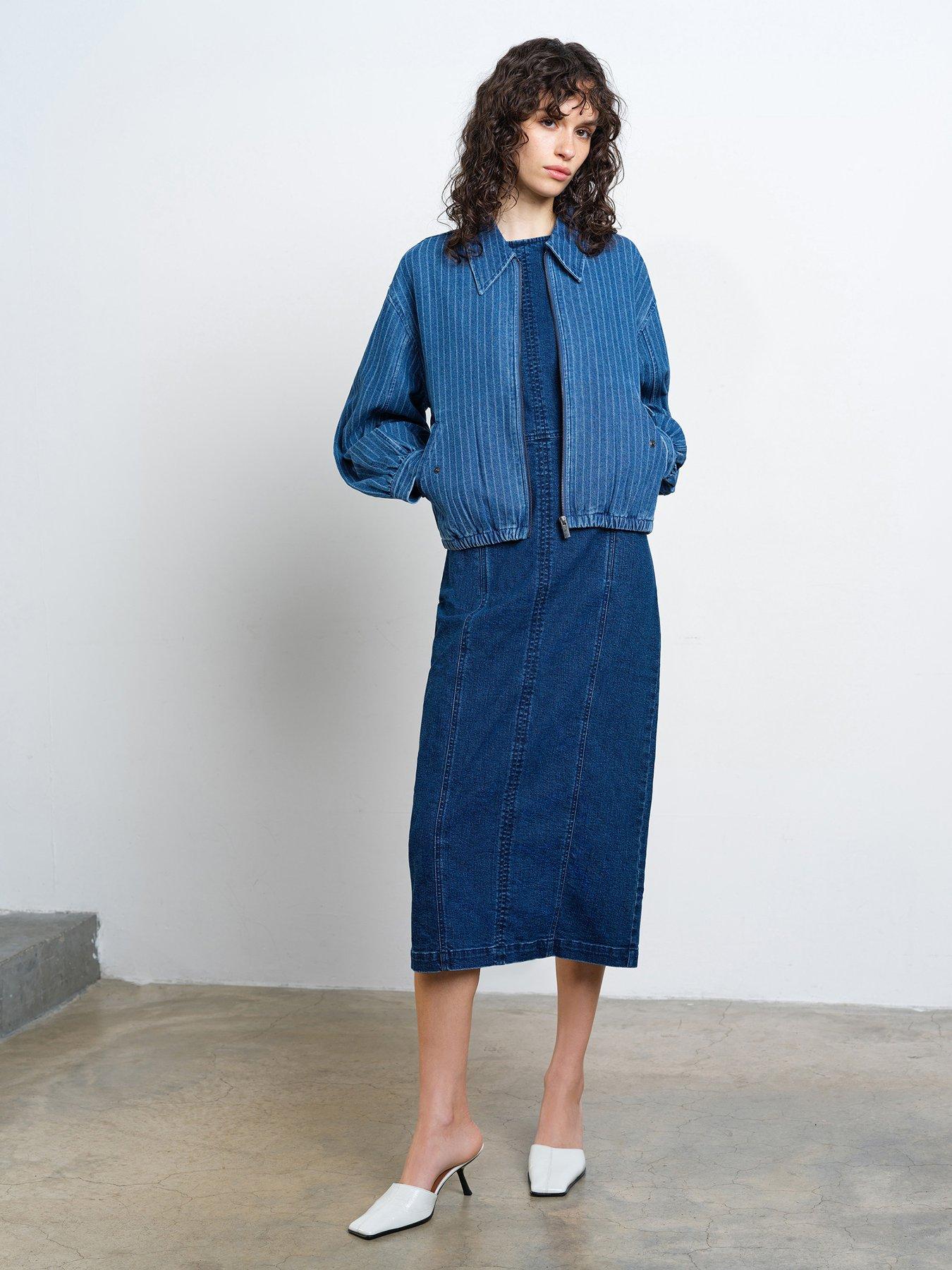 Image 2 of 5 of French Connection Cotton Pinstripe Denim Bomber Jacket