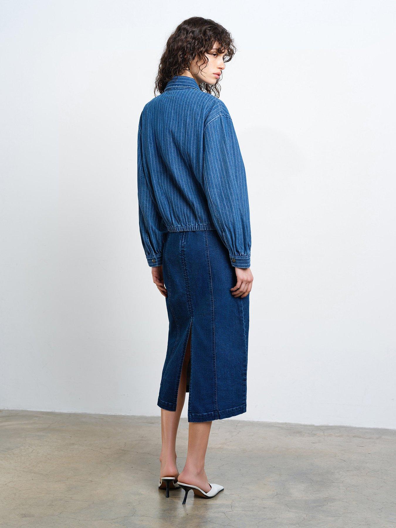 Image 3 of 5 of French Connection Cotton Pinstripe Denim Bomber Jacket