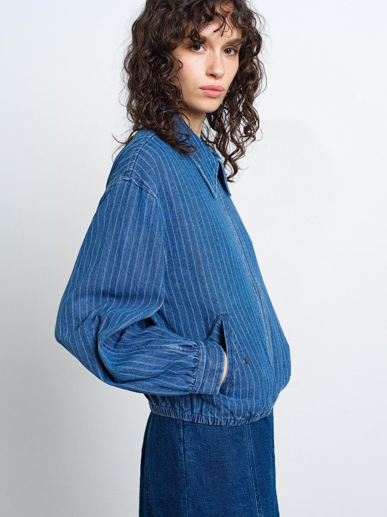 Image 4 of 5 of French Connection Cotton Pinstripe Denim Bomber Jacket