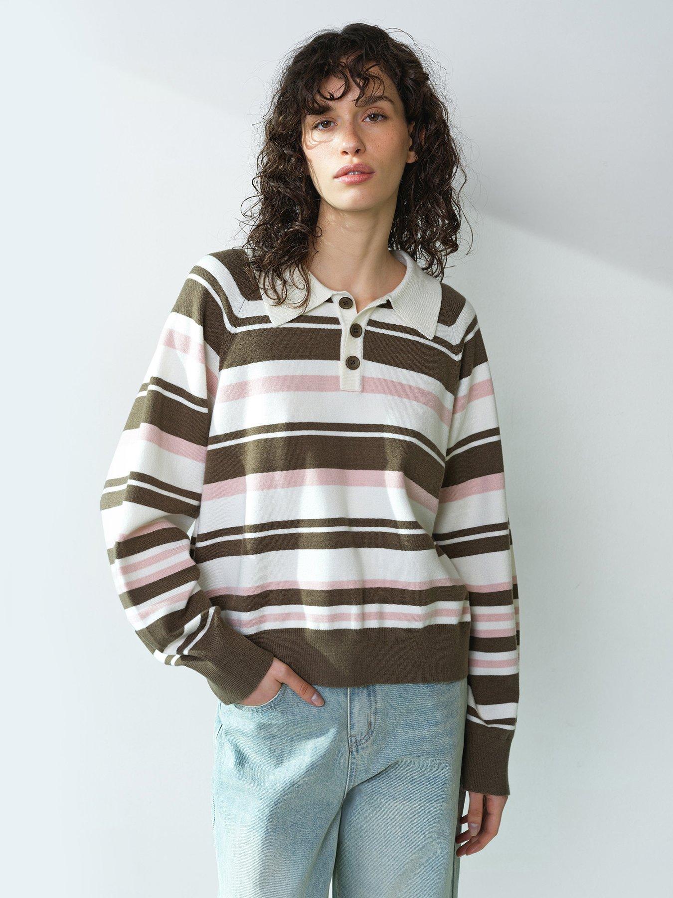 French Connection Striped Rugby Style Polo Knitted Jumper - Khaki