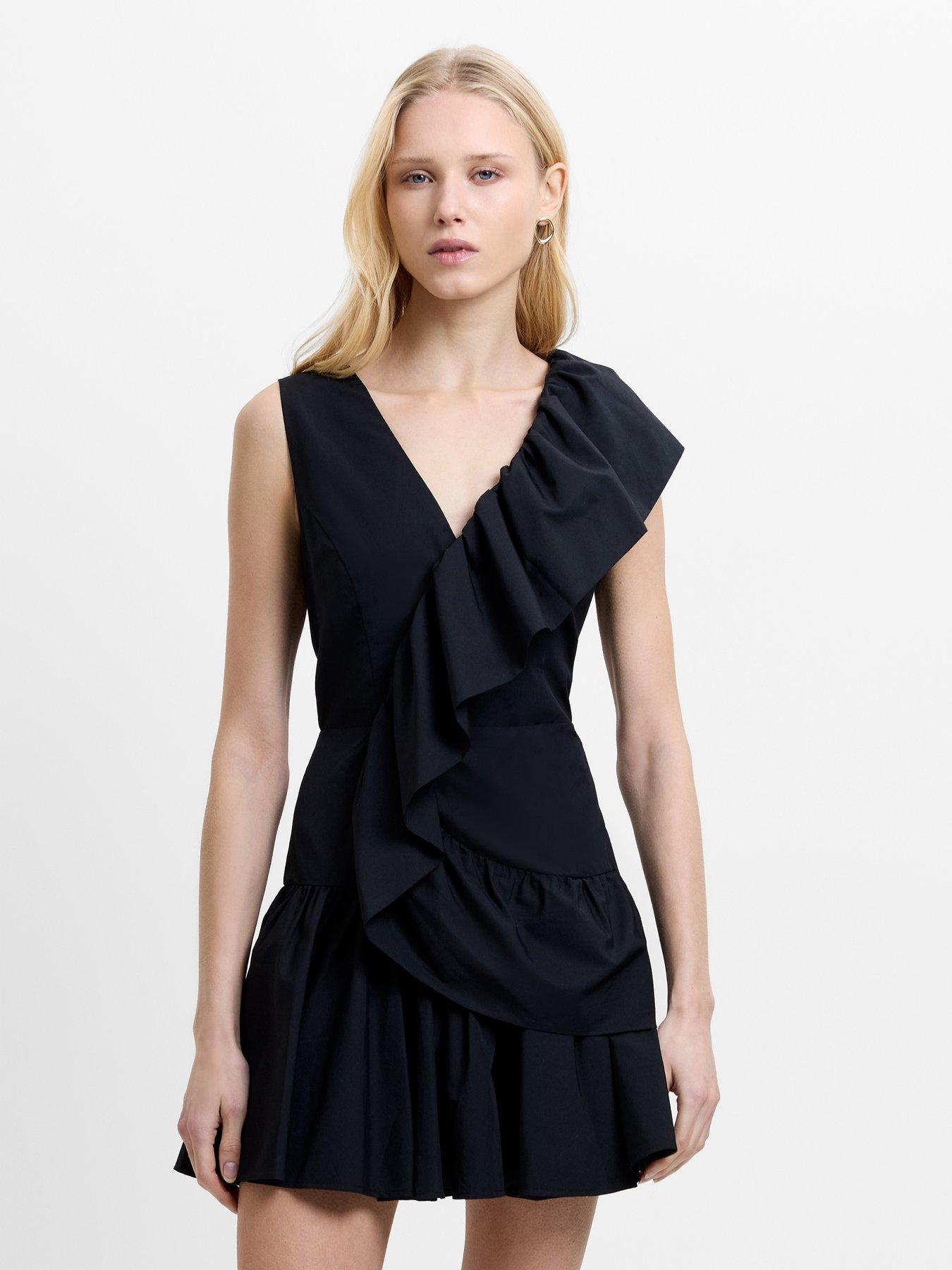 French Connection Cotton V-neck Ruffle Poplin Mini Dress