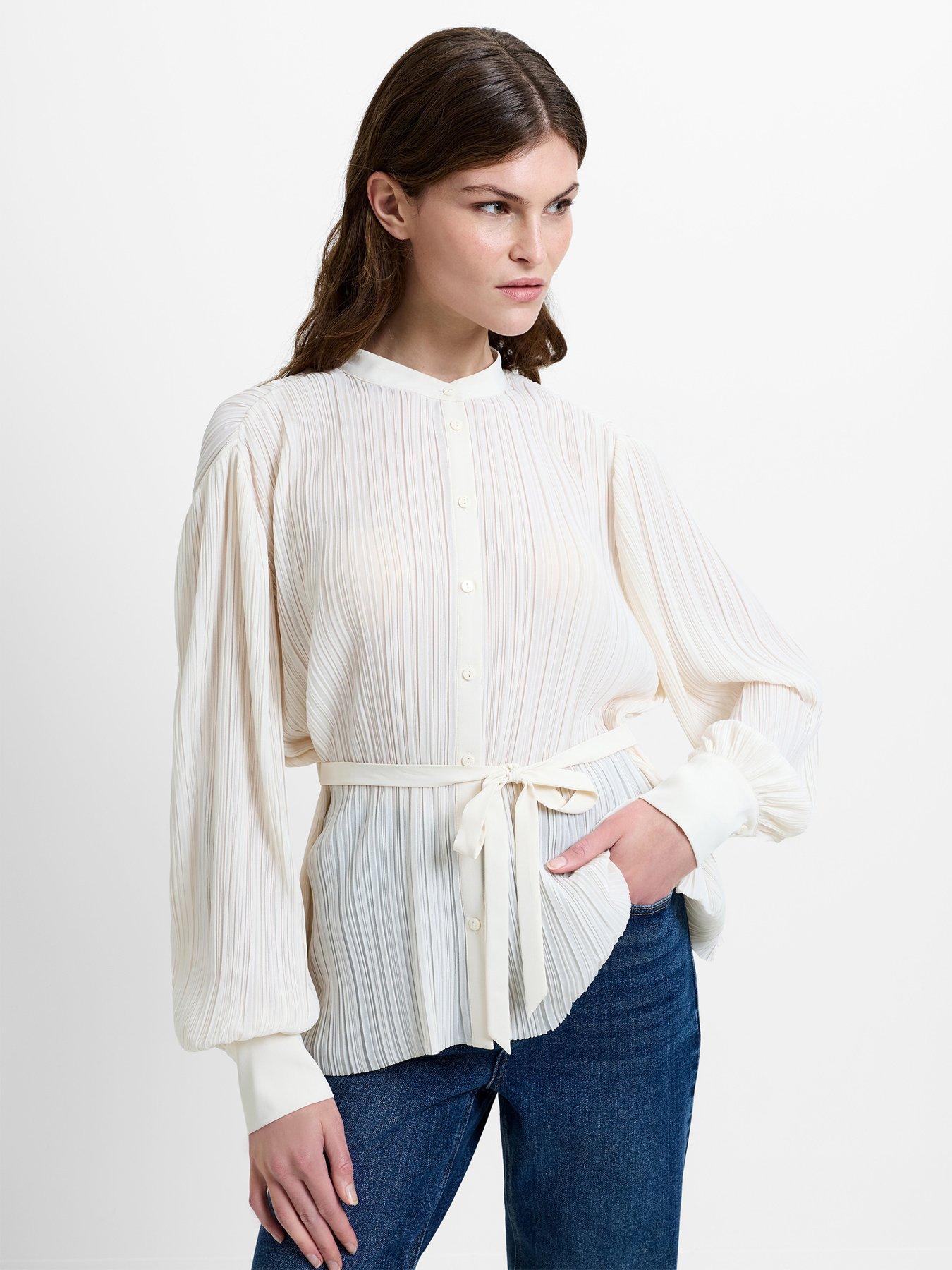 French Connection Plisse Self-tie Grandad Collar Balloon Sleeve Blouse