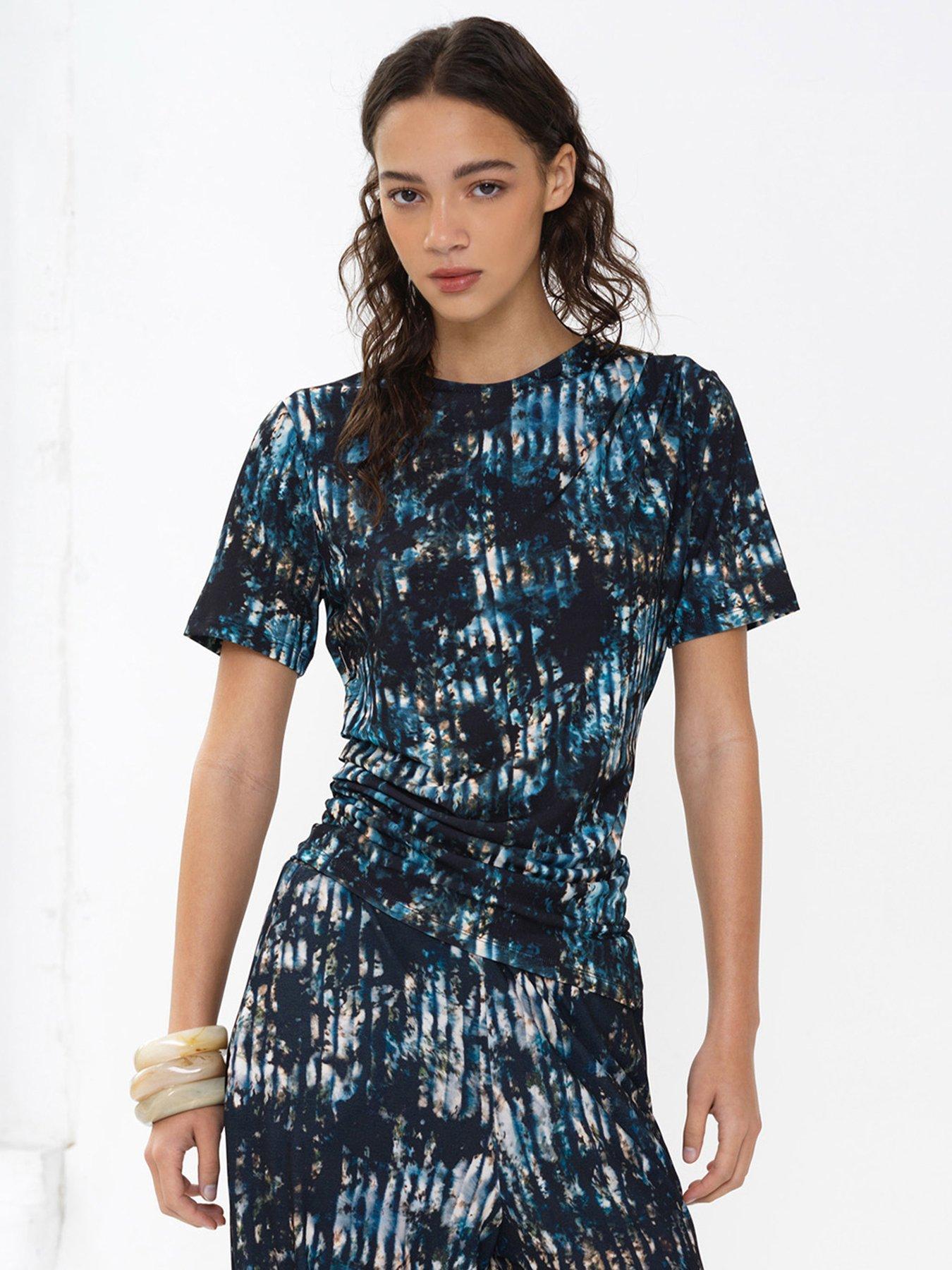 French Connection Tie-dye Crew Neck Short Sleeve Draped Top