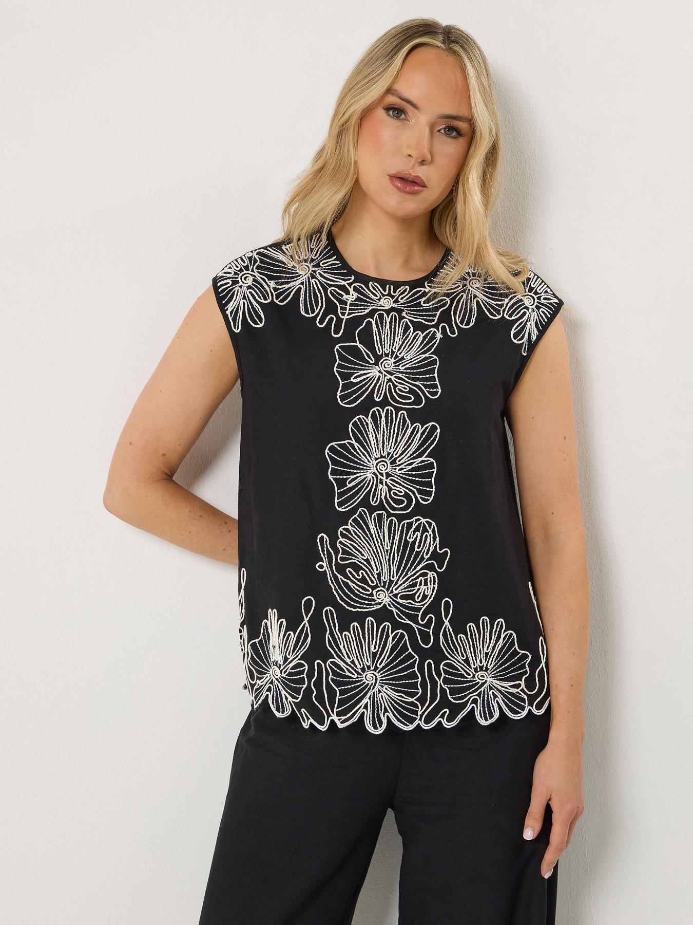 Image 4 of 6 of Long Tall Sally Floral Embroidered Linen Top - Black