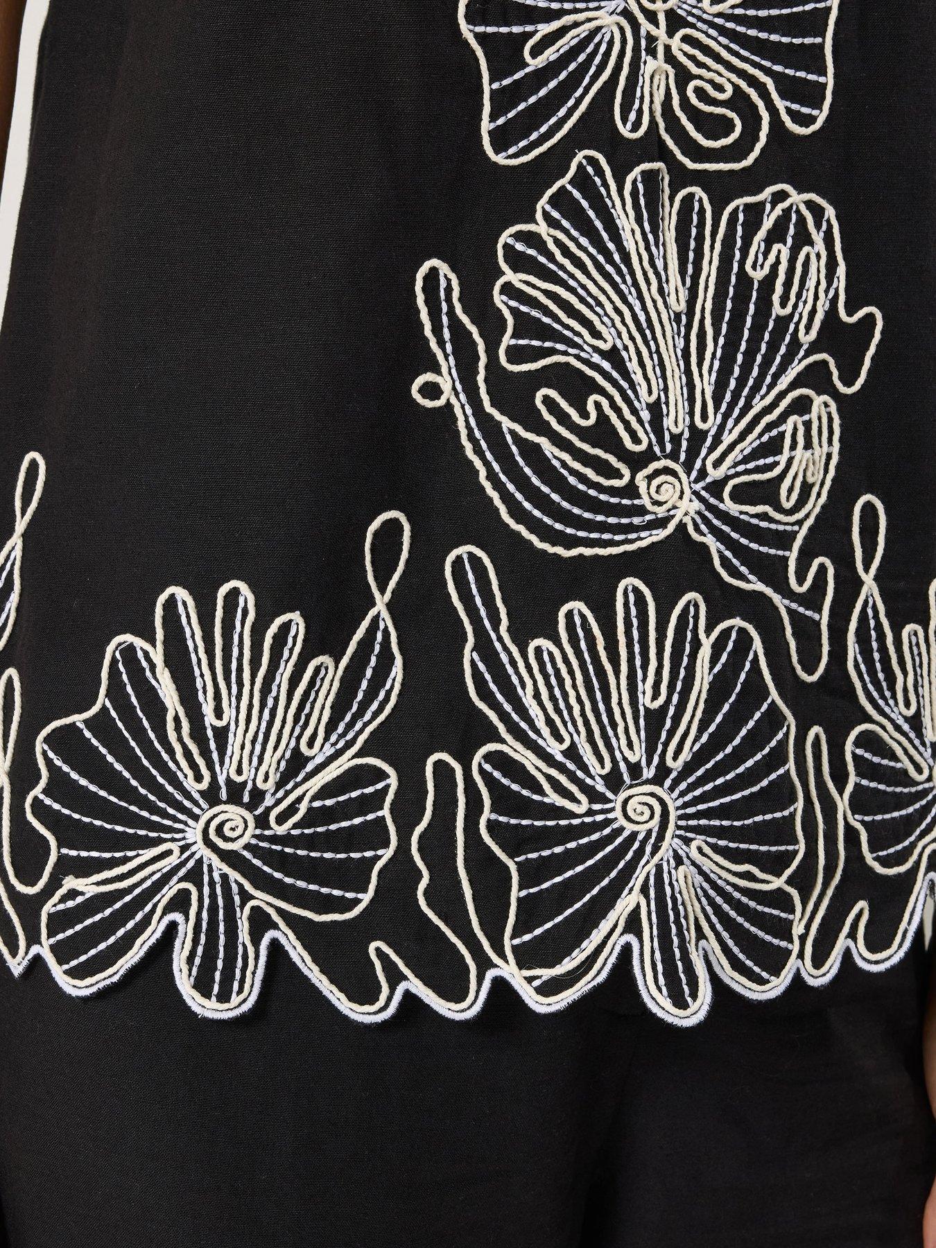 Image 5 of 6 of Long Tall Sally Floral Embroidered Linen Top - Black