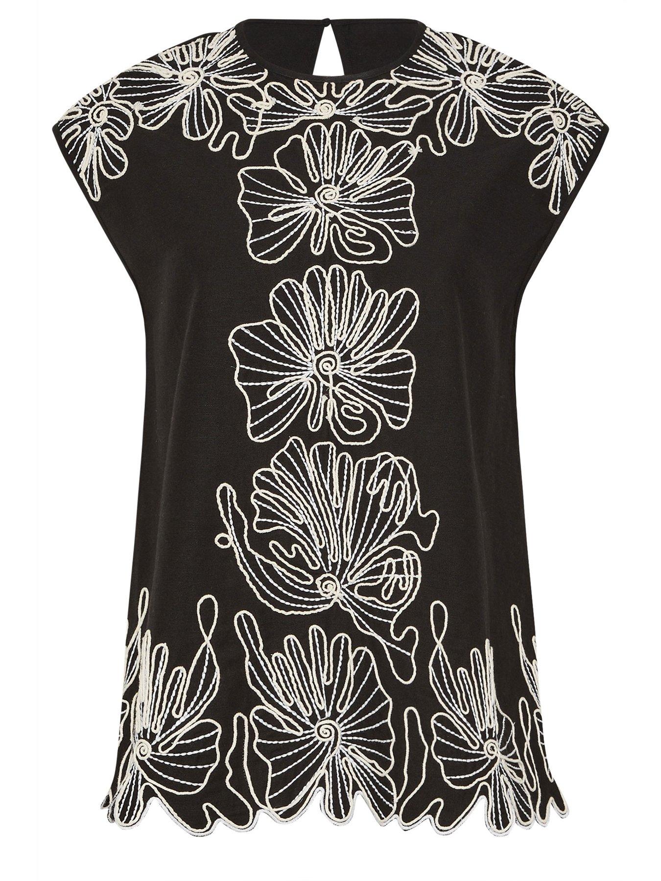Image 6 of 6 of Long Tall Sally Floral Embroidered Linen Top - Black