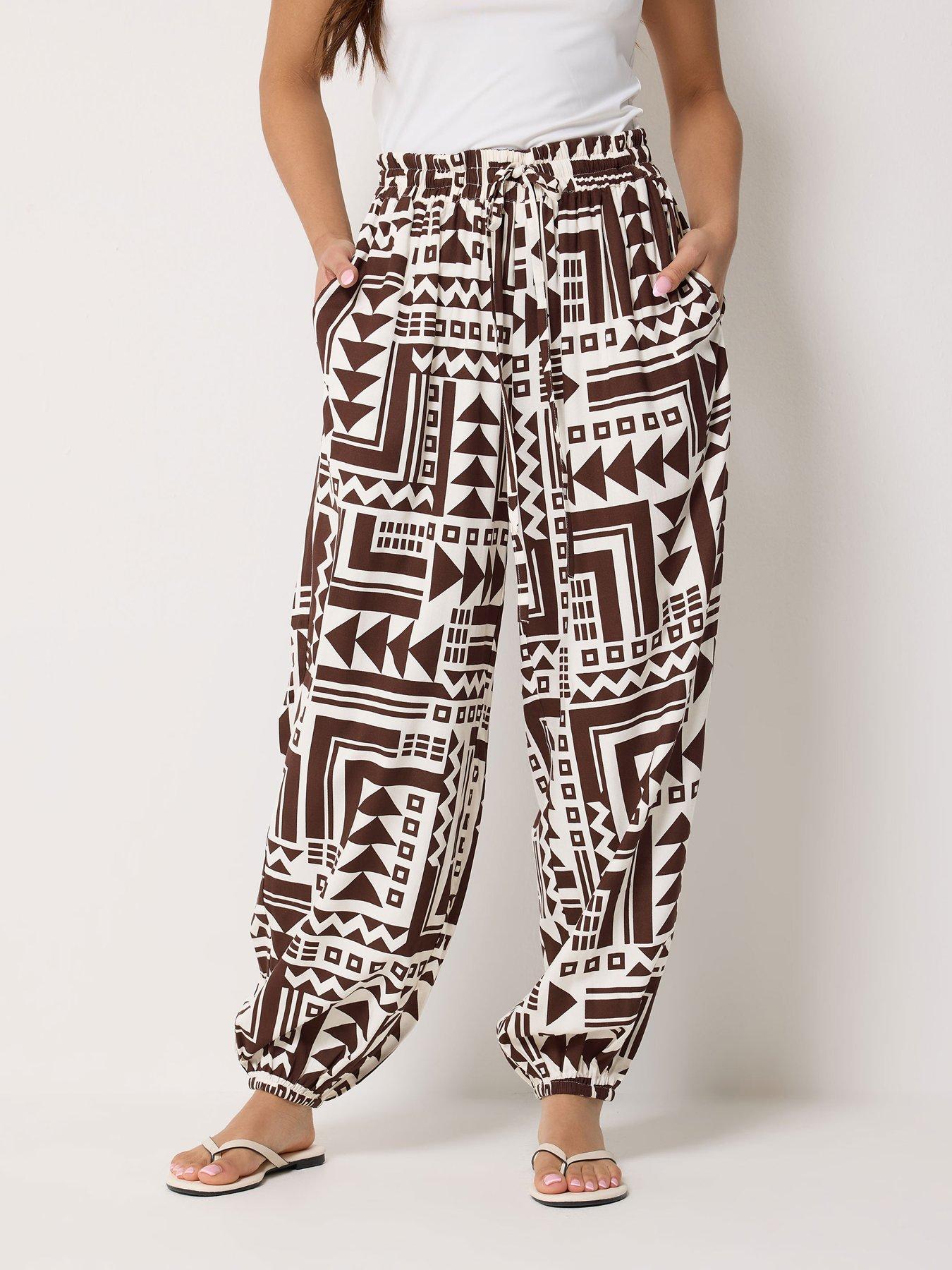 PixieGirl Petite Wide Abstract Harem Trousers - Brown