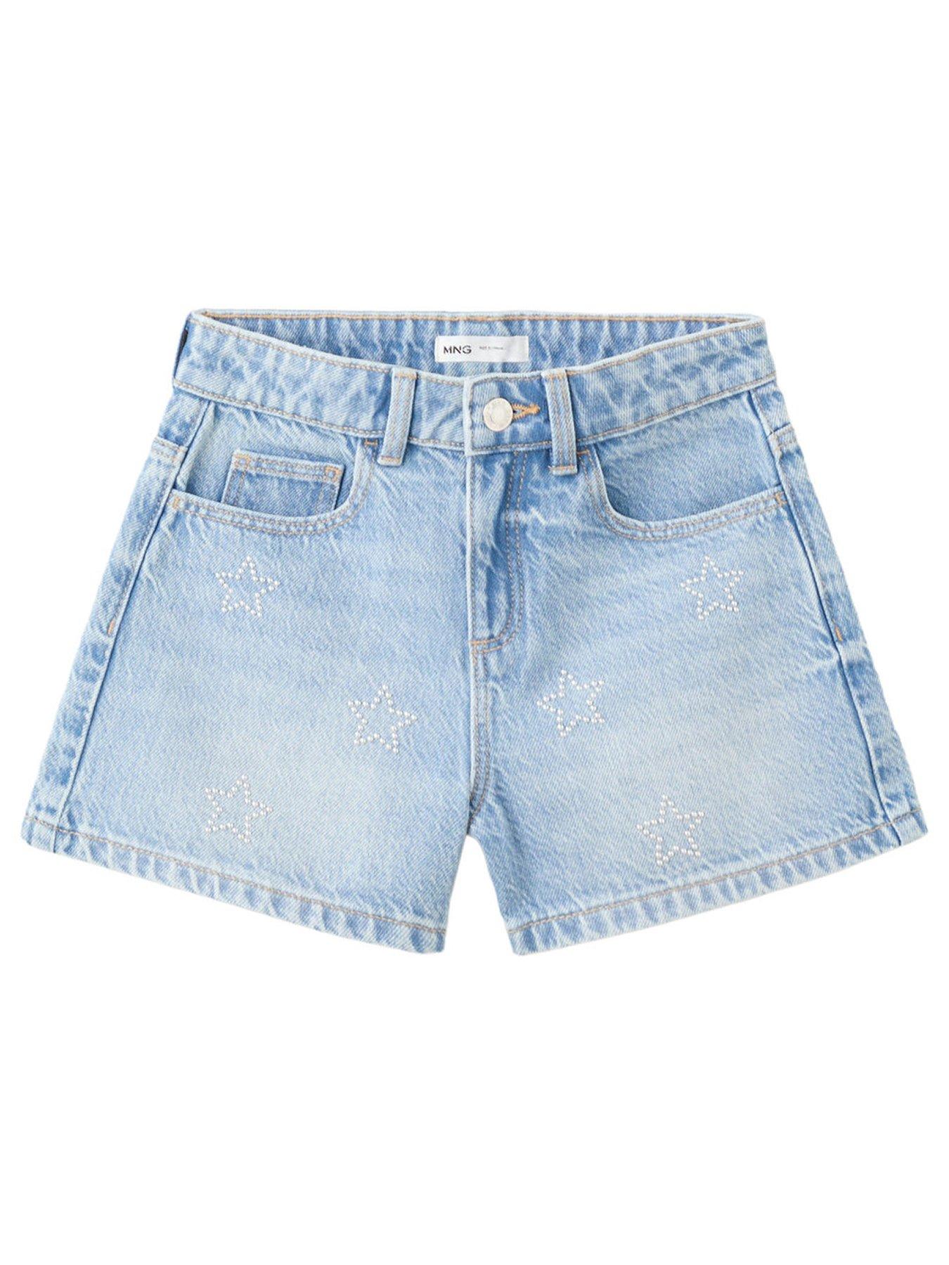 Mango Girls Rhinestone Star Denim Shorts, Blue, Size Age: 9 Years