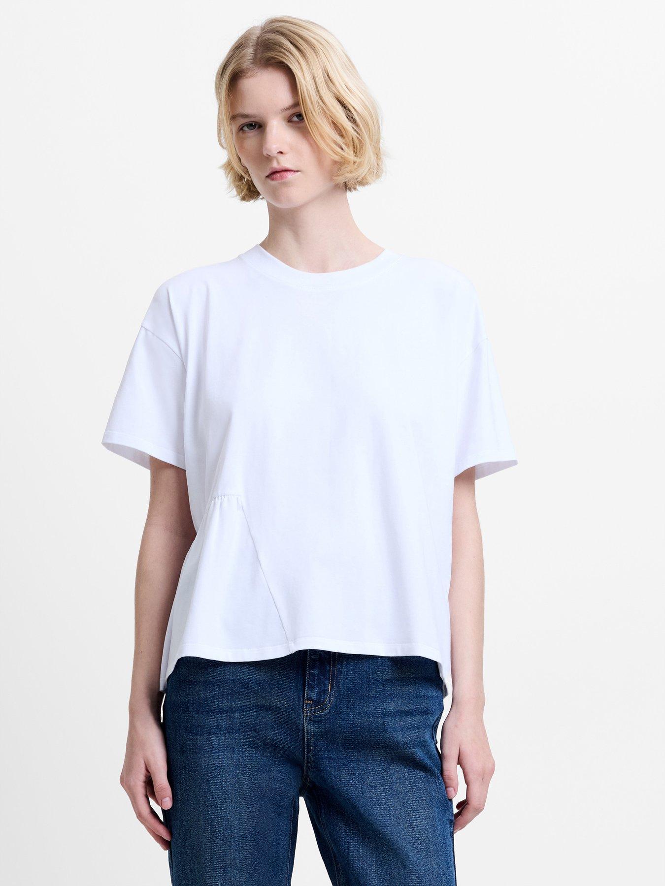 French Connection Cotton Stretch Asymmetrical Crew Neck Short Sleeve T-shirt