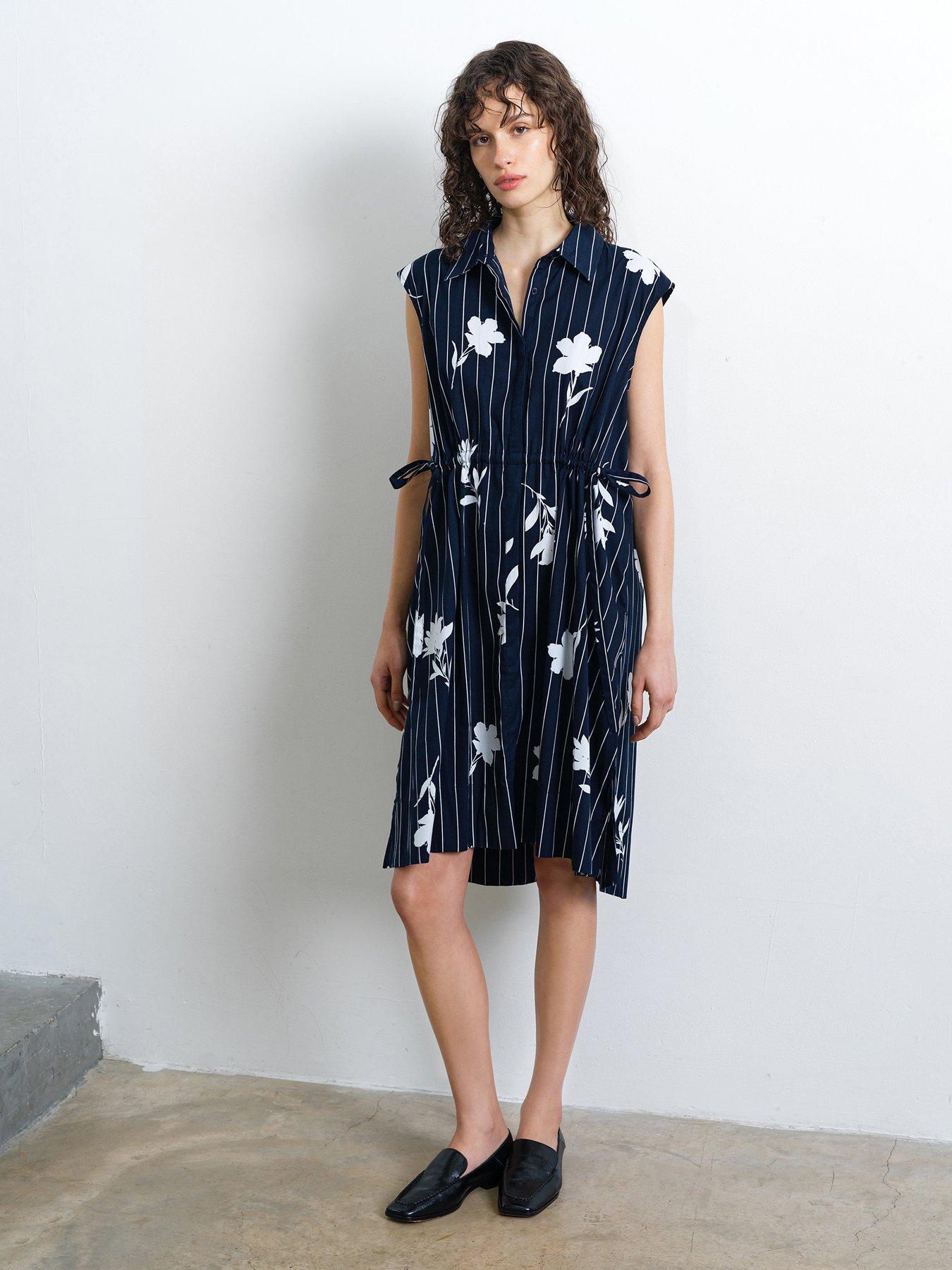 french connection striped shirt dress French Connection Cotton blend striped sleeveless midi collared shirt dress  in blue