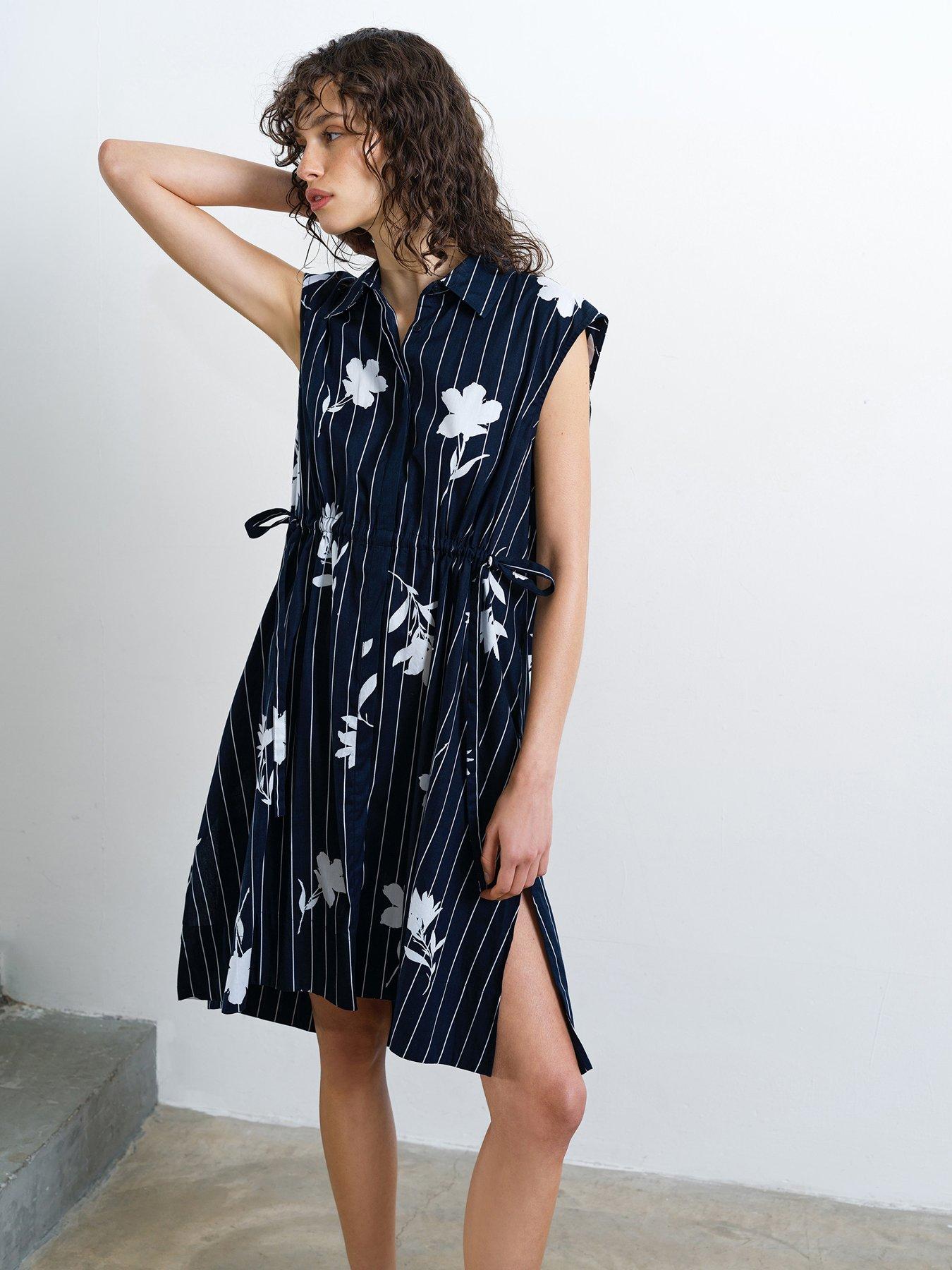 French Connection Pinstripe Floral Print Sleeveless Collared Midi