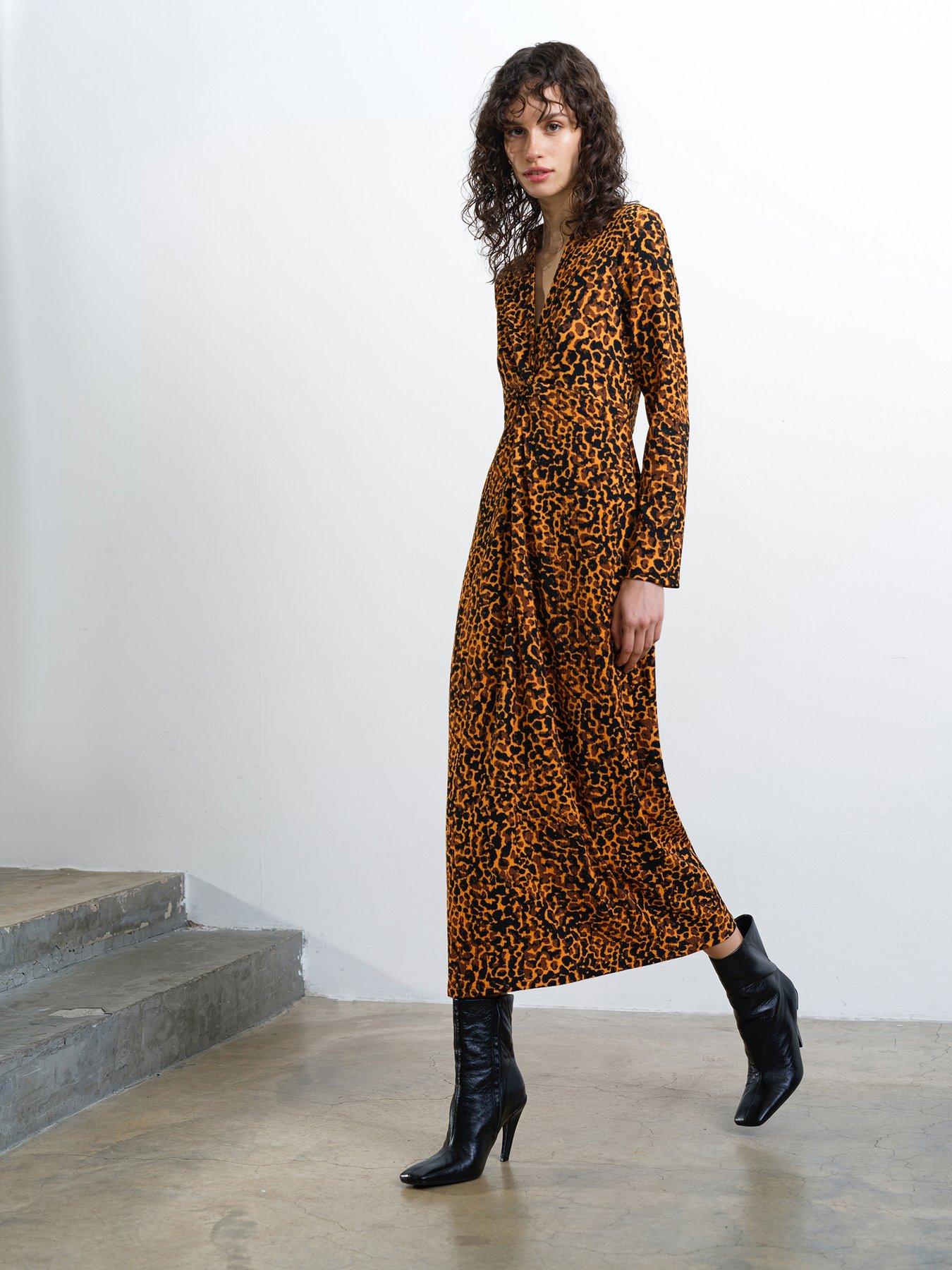 French Connection Leopard Print Long Sleeve Knot V-neck Midi Dress