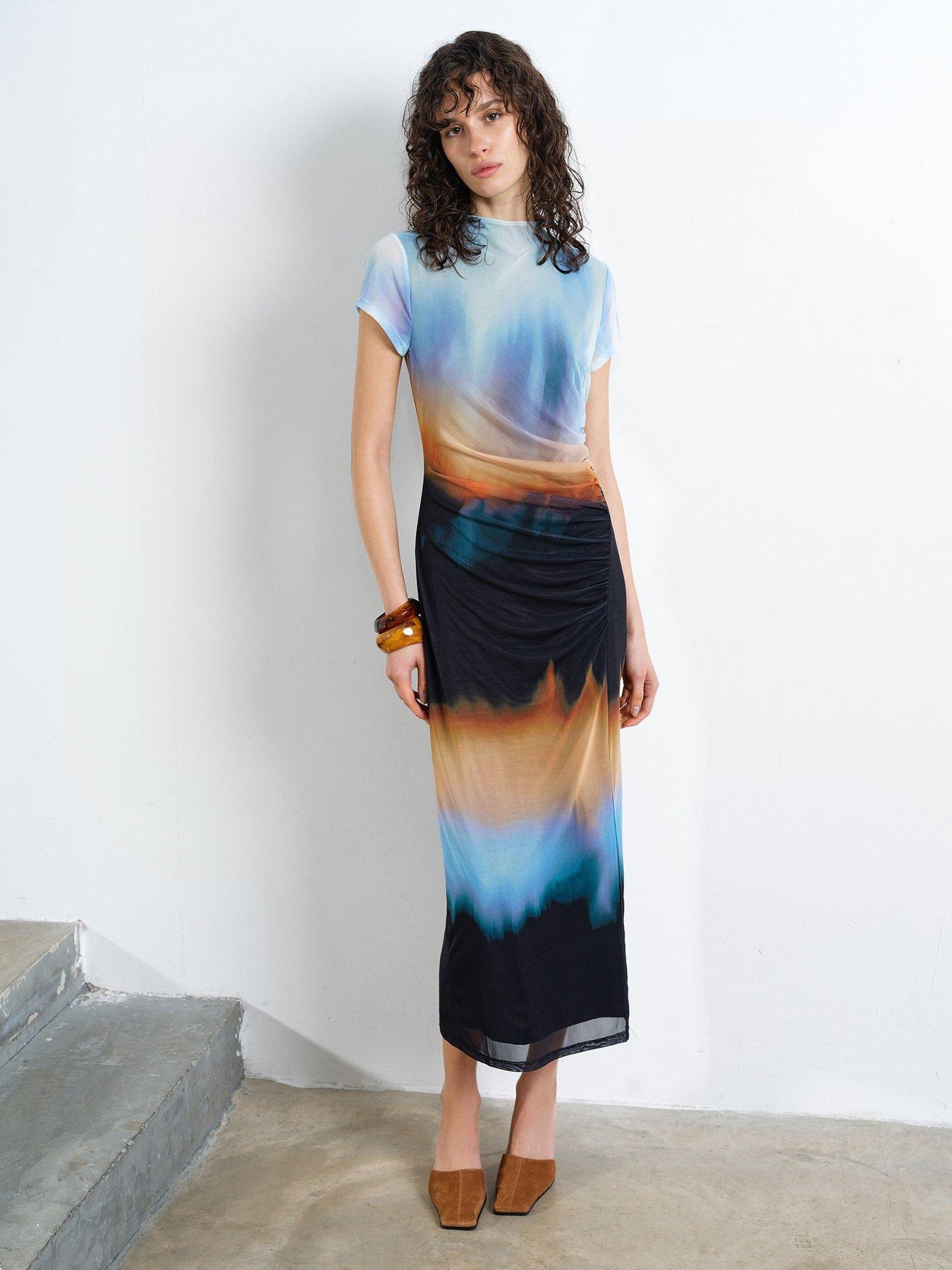 Image 1 of 4 of French Connection Ombre Short Sleeve Gathered Mesh Midi Bodycon Dress