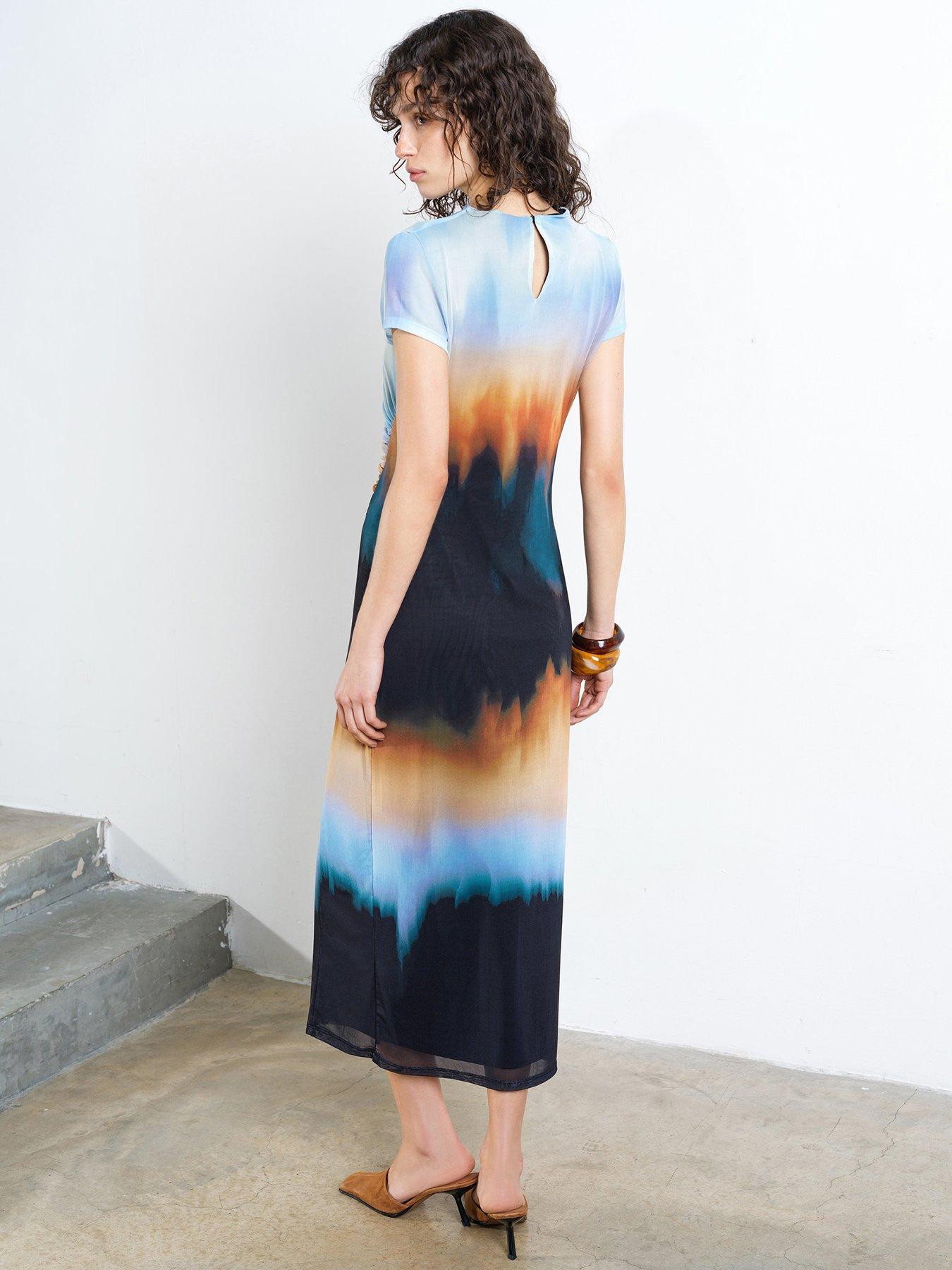 Image 2 of 4 of French Connection Ombre Short Sleeve Gathered Mesh Midi Bodycon Dress