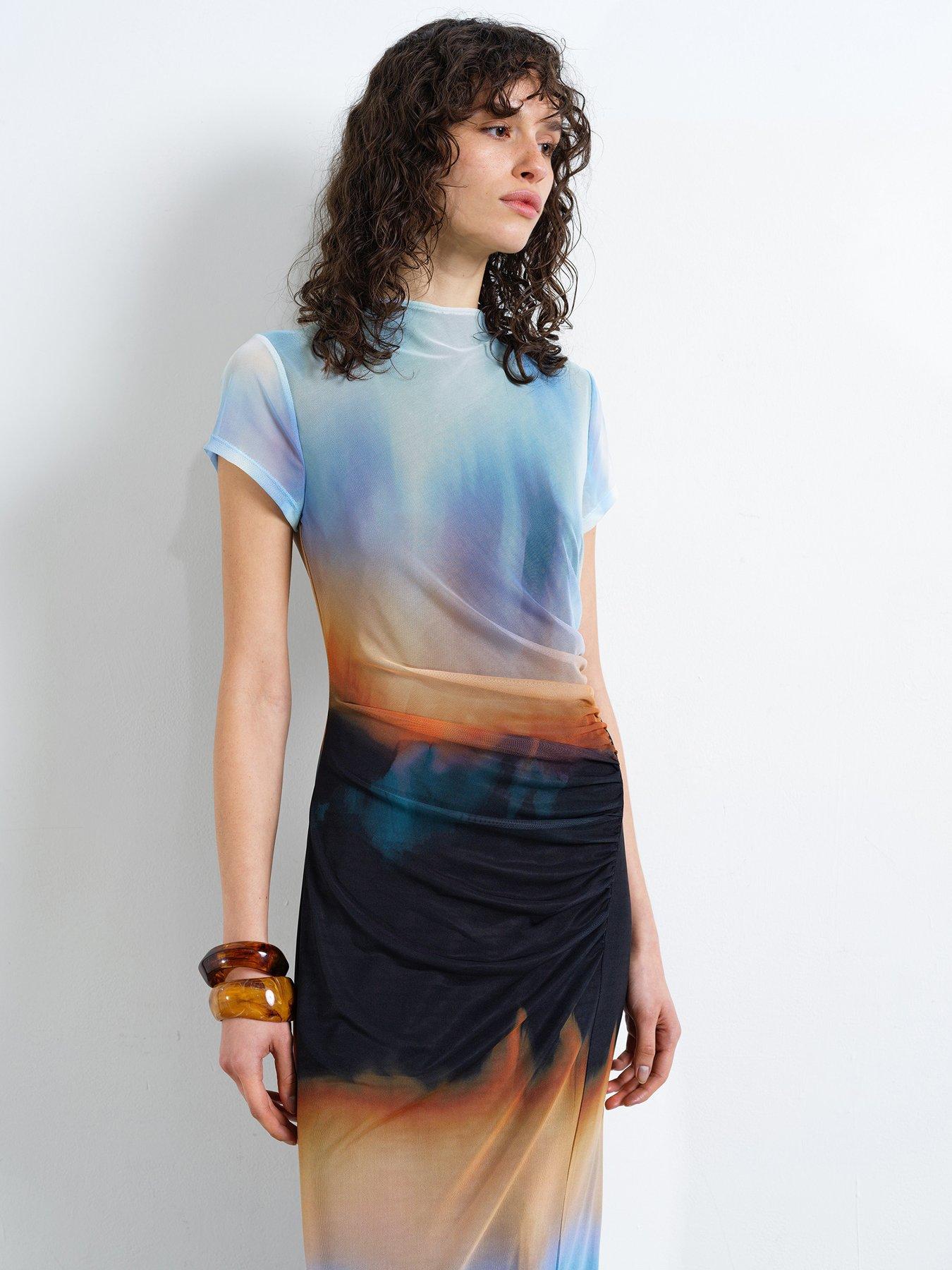 Image 3 of 4 of French Connection Ombre Short Sleeve Gathered Mesh Midi Bodycon Dress