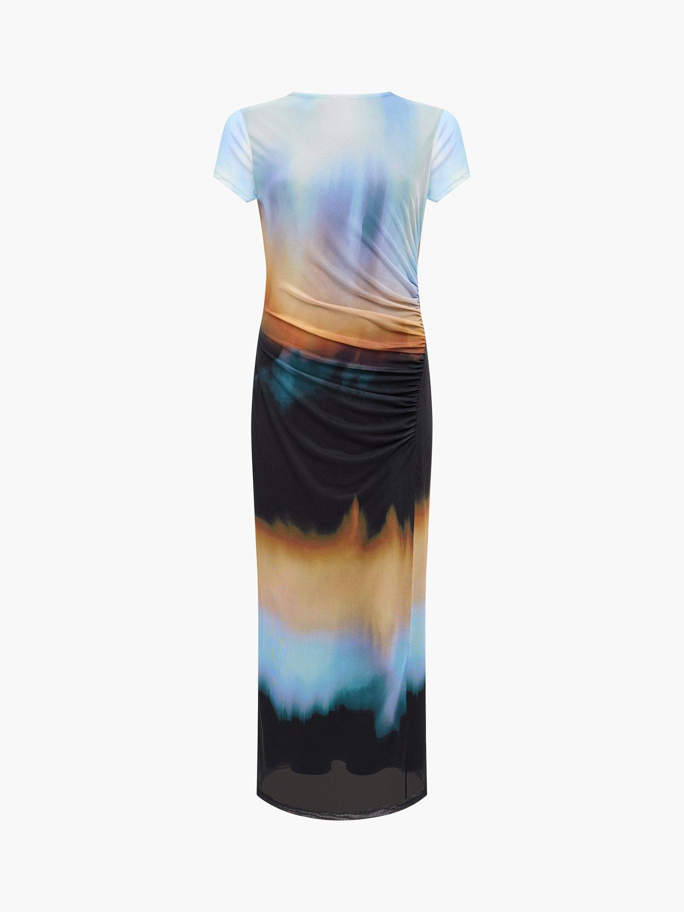 Image 4 of 4 of French Connection Ombre Short Sleeve Gathered Mesh Midi Bodycon Dress