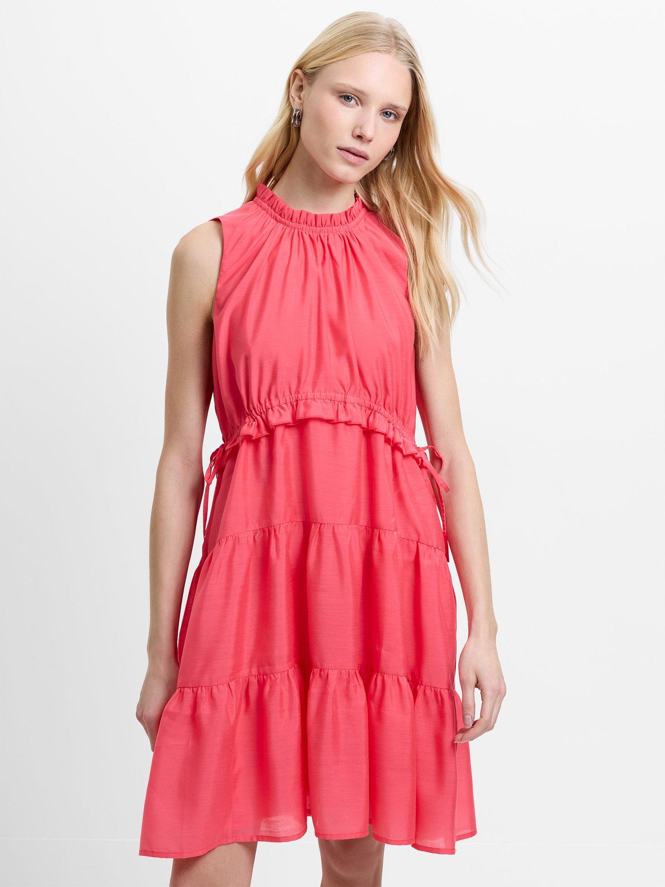 Image 1 of 4 of French Connection Holland Sleeveless Tiered Above Knee Dress - Pink