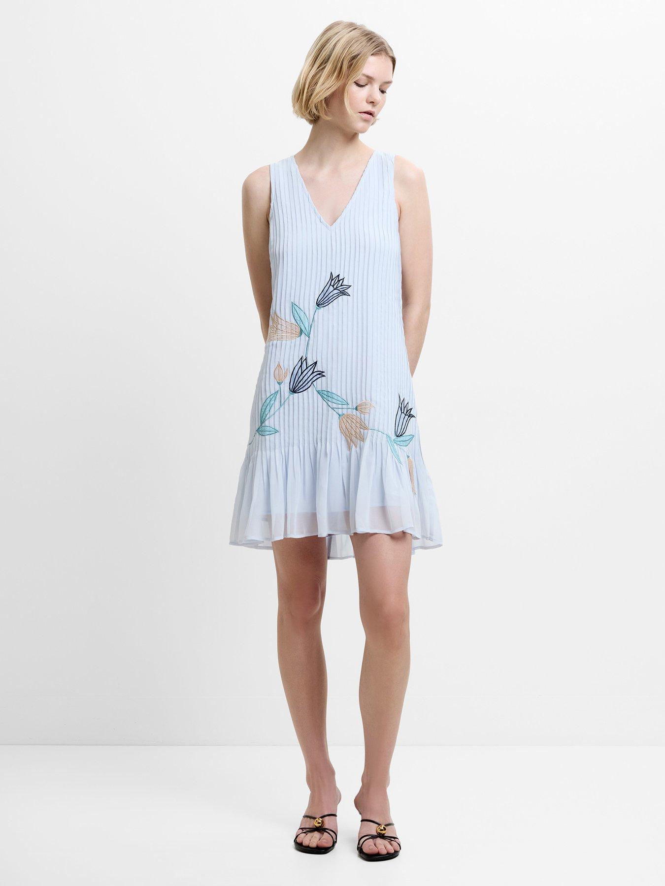 French Connection Pleated Floral Embroidered V-neck Mini Dress