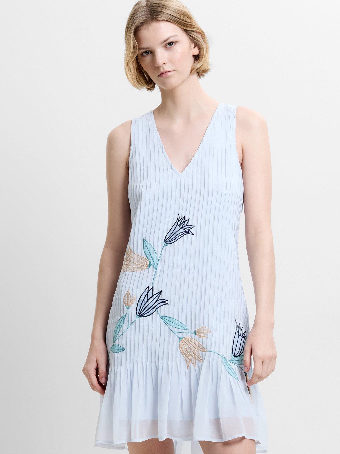 Image 3 of 5 of French Connection Pleated Floral Embroidered V-neck Mini Dress