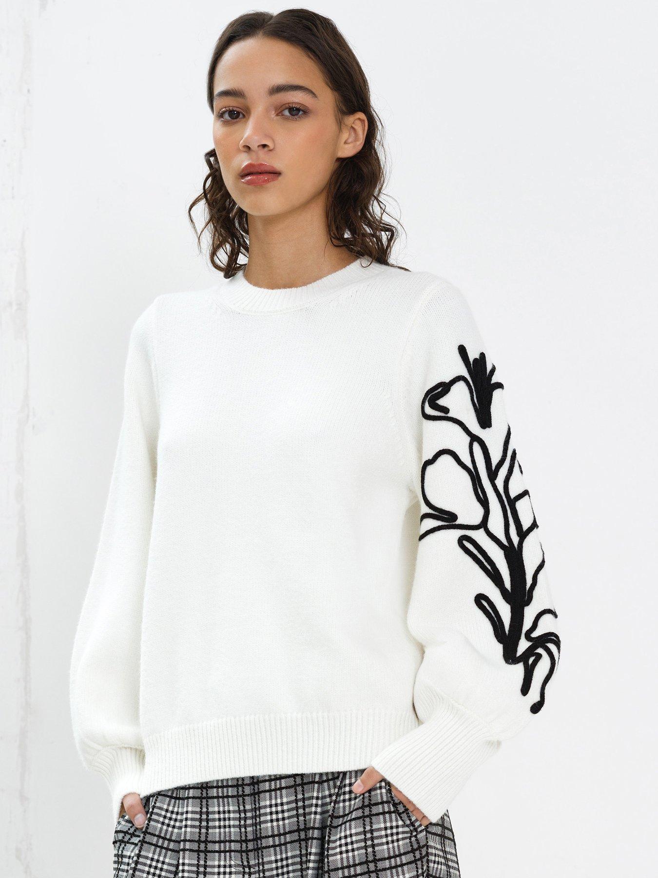 French Connection Crew Neck Floral Embroidered Knitted Jumper - White