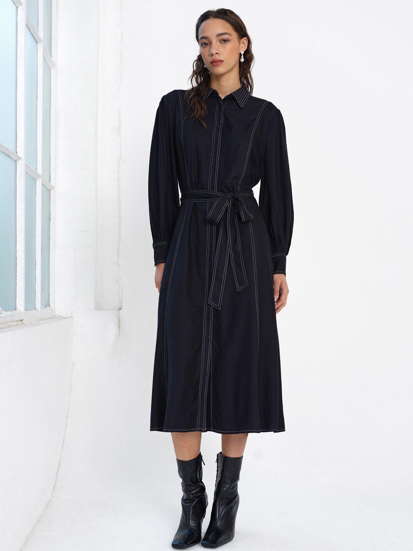 Image 1 of 5 of French Connection Contrast Stitch Midi Shirt Dress