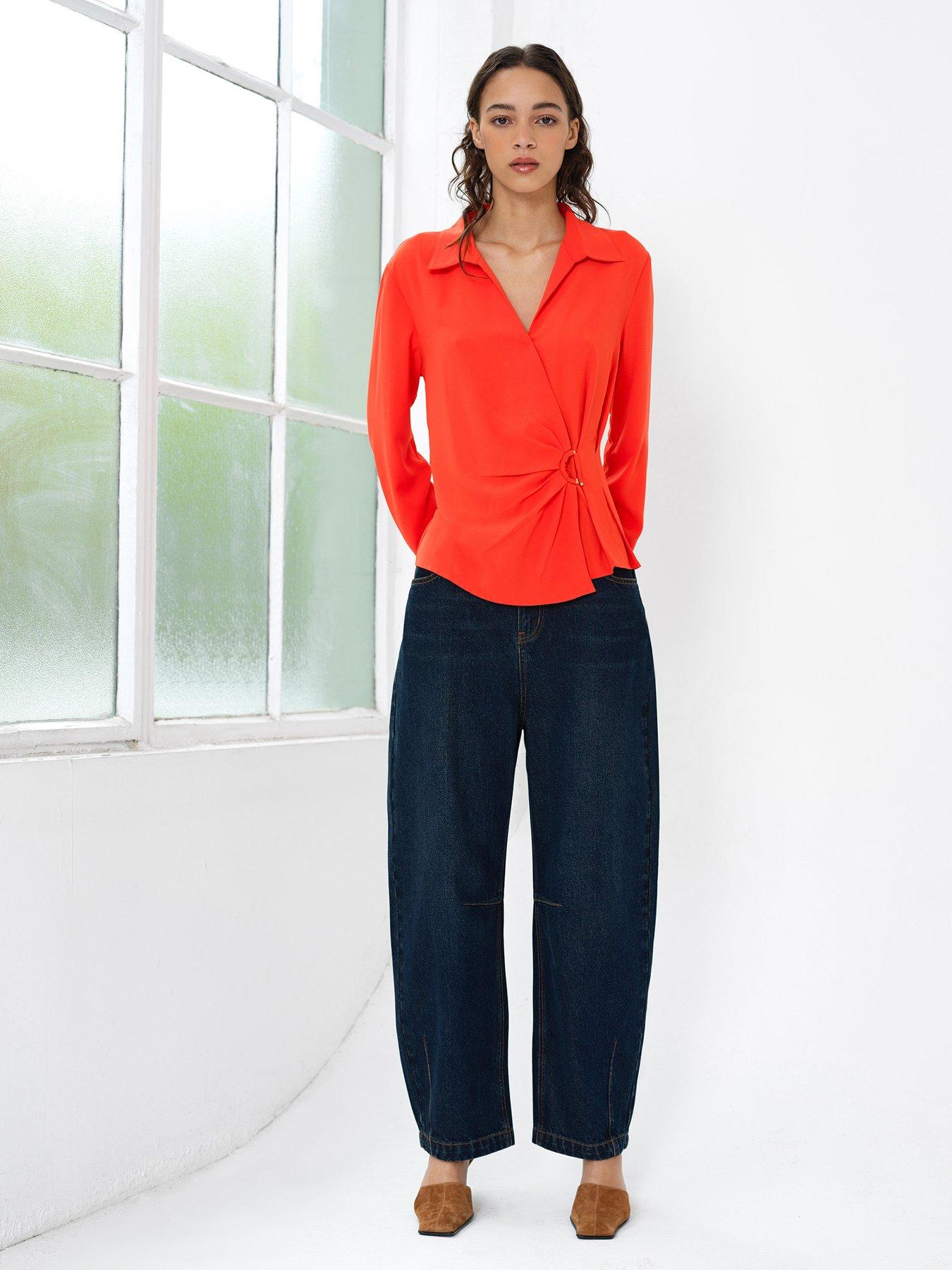 Image 3 of 5 of French Connection V-Neck D-Ring Wrap Collared Blouse - Orange