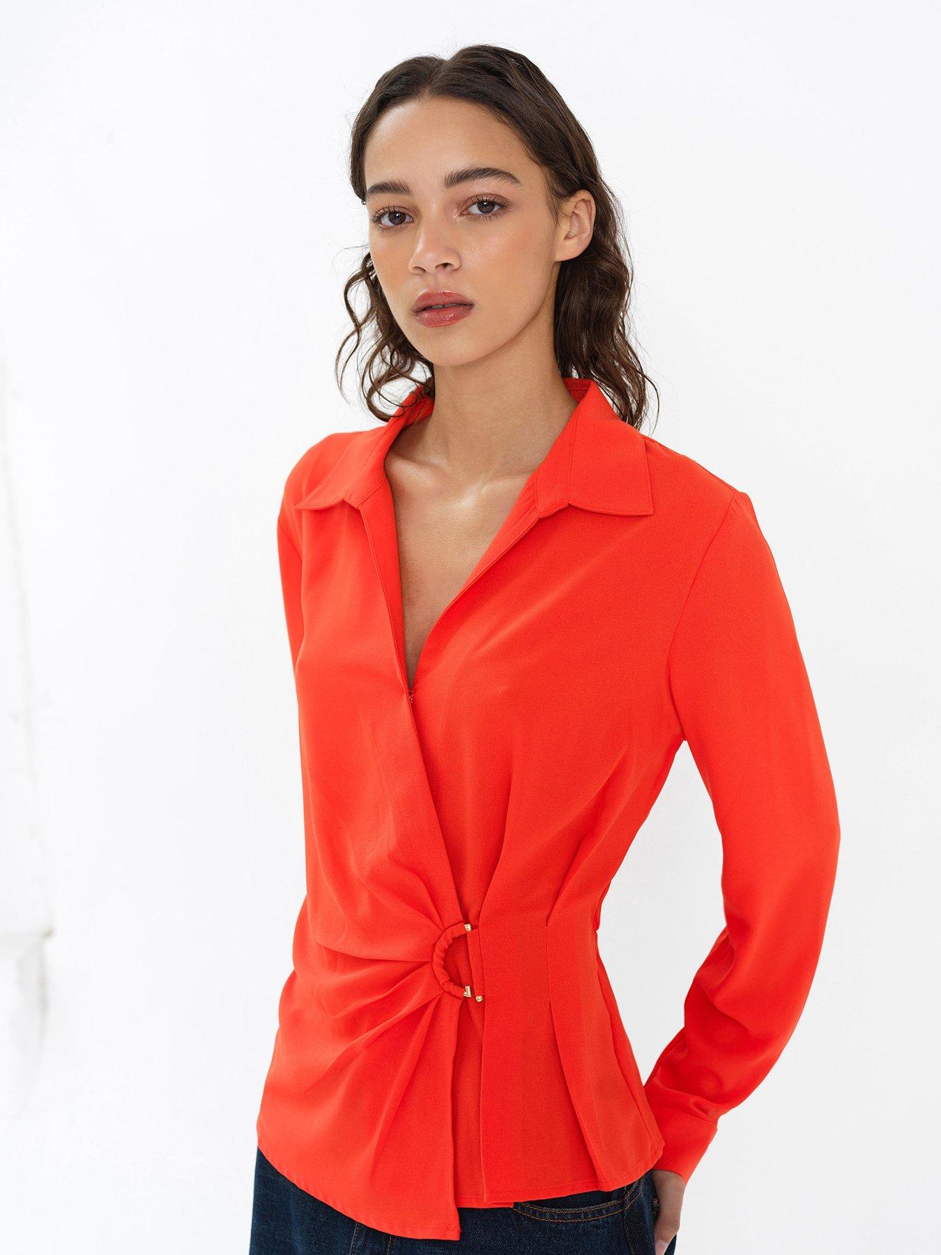 Image 4 of 5 of French Connection V-Neck D-Ring Wrap Collared Blouse - Orange