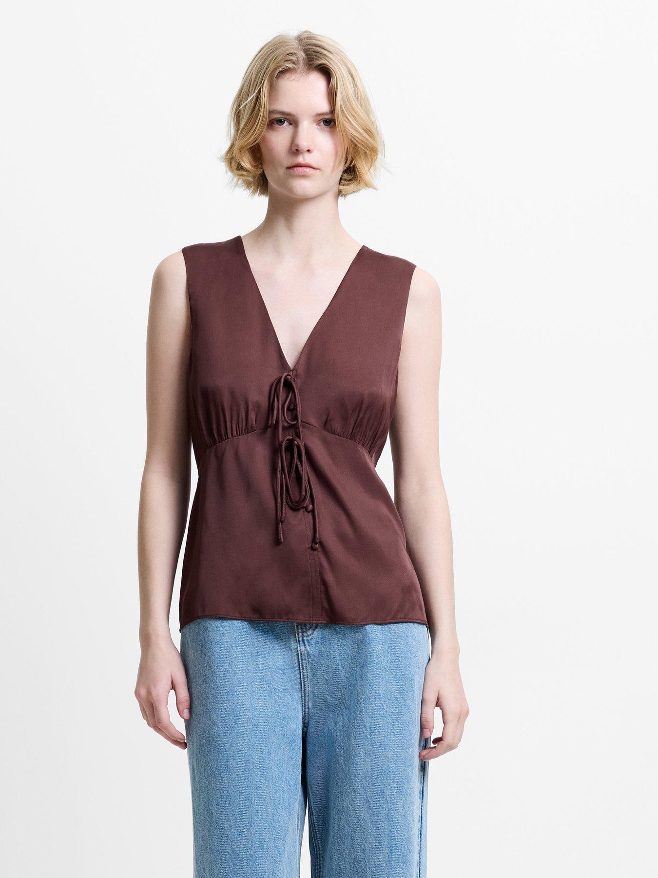 French Connection Candice Satin Bow Brown Tie-Up Top - Brown