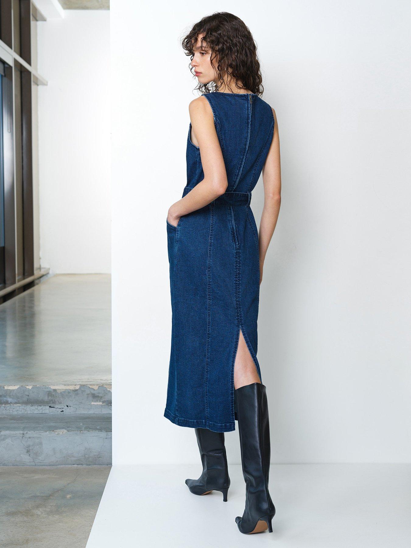 Image 2 of 6 of French Connection Cotton Boat Neck Belted Denim Midi Dress - Navy