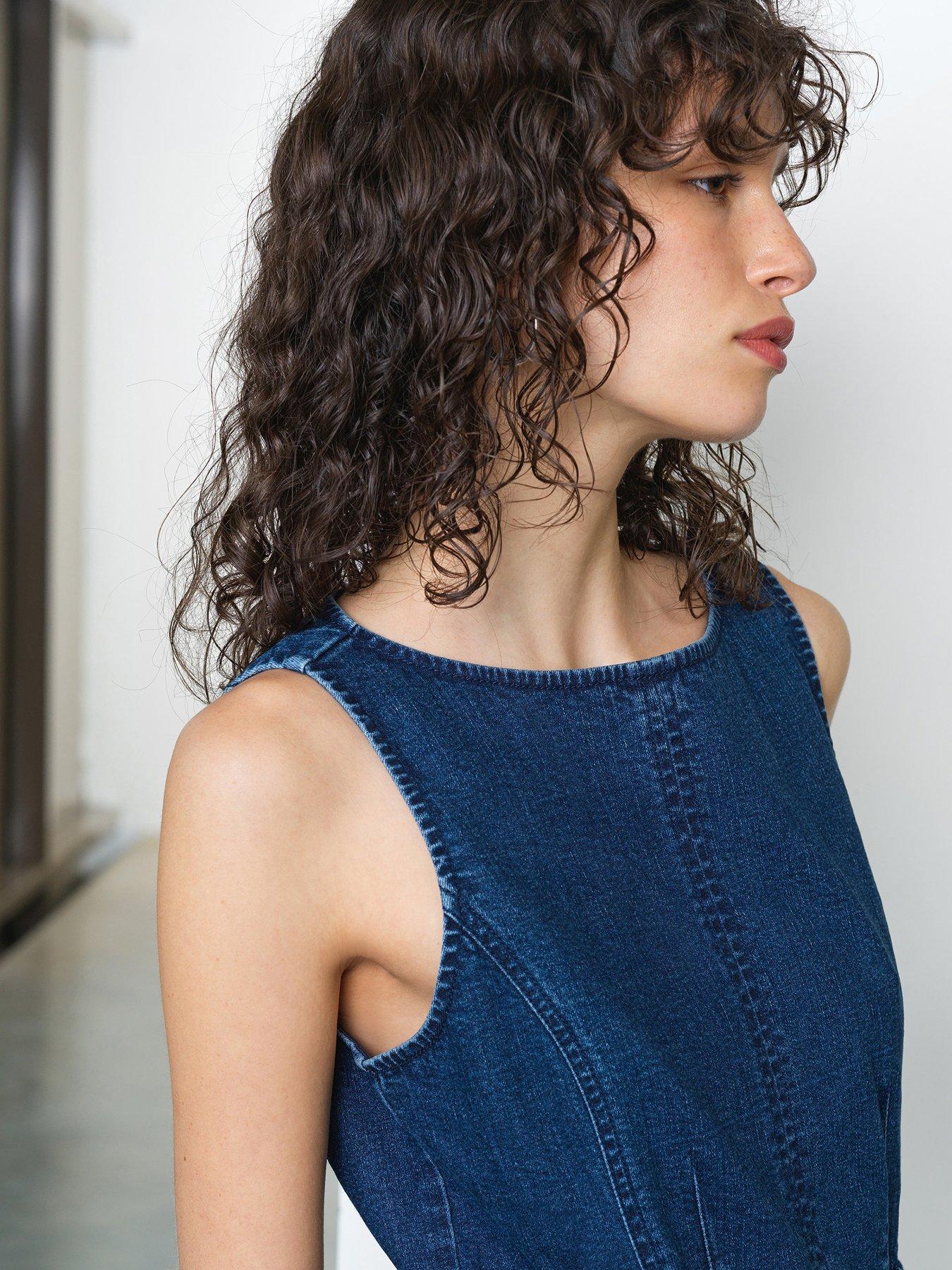 Image 3 of 6 of French Connection Cotton Boat Neck Belted Denim Midi Dress - Navy