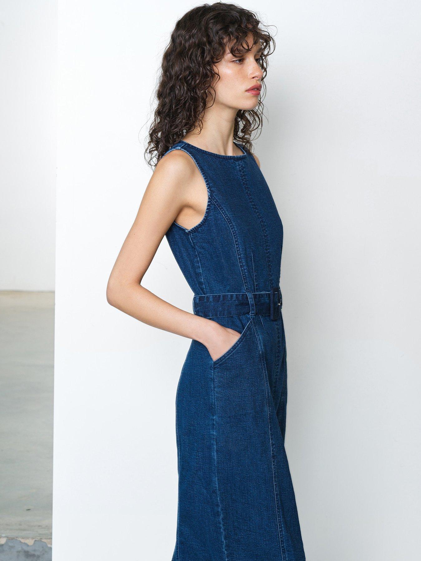 Image 4 of 6 of French Connection Cotton Boat Neck Belted Denim Midi Dress - Navy