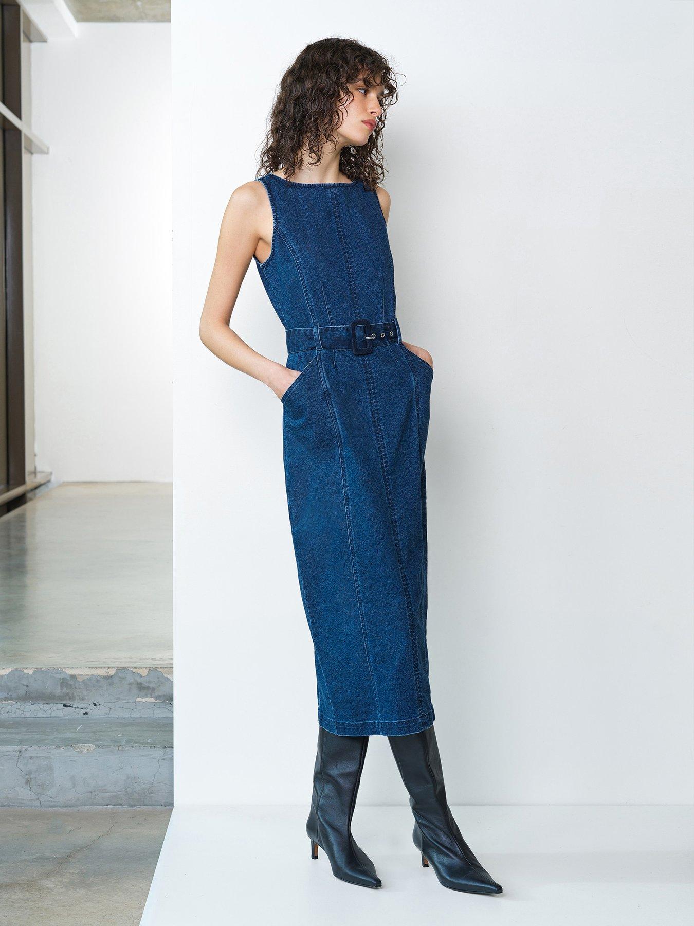 Image 5 of 6 of French Connection Cotton Boat Neck Belted Denim Midi Dress - Navy