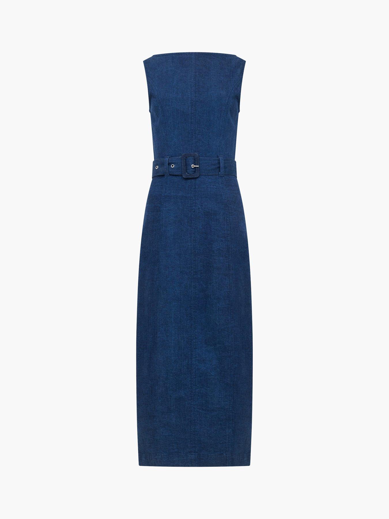 Image 6 of 6 of French Connection Cotton Boat Neck Belted Denim Midi Dress - Navy