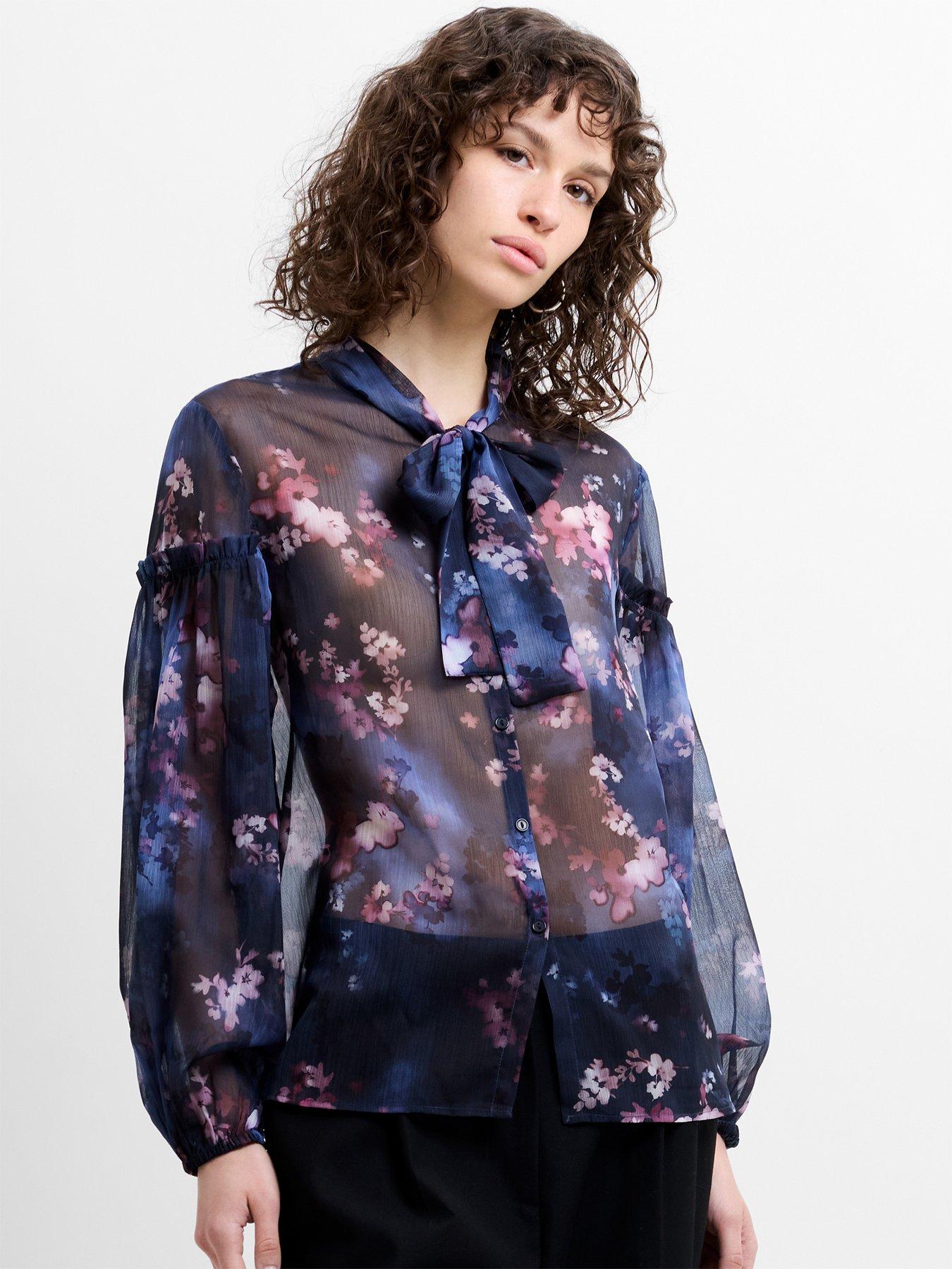 Image 1 of 4 of French Connection Semi-sheer Bow Tie Long Sleeve Blouse