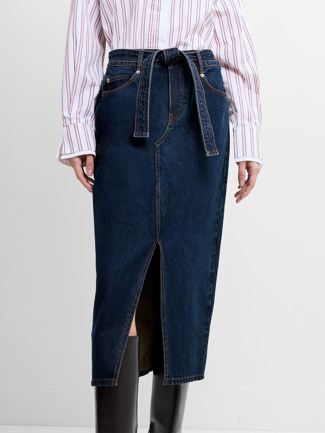 Image 1 of 5 of French Connection Cotton Belted Front Slit Denim Midi Skirt