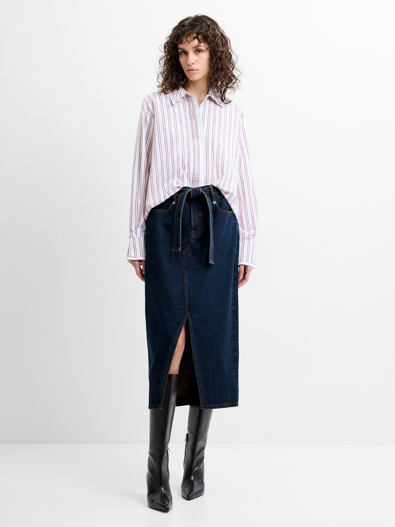 Image 2 of 5 of French Connection Cotton Belted Front Slit Denim Midi Skirt