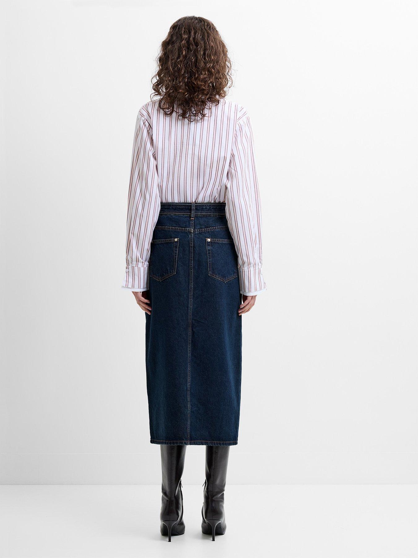 Image 3 of 5 of French Connection Cotton Belted Front Slit Denim Midi Skirt